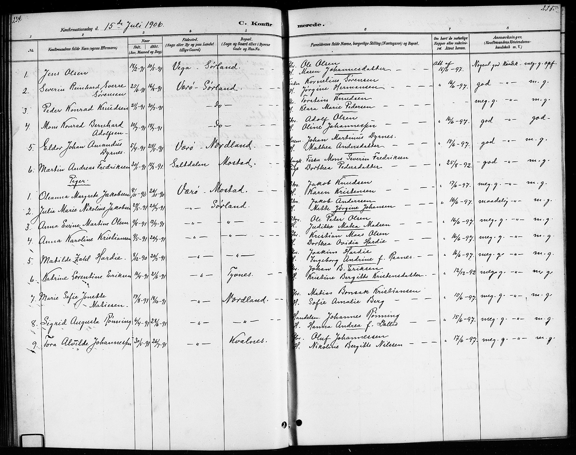 Ministerialprotokoller, klokkerbøker og fødselsregistre - Nordland, SAT/A-1459/807/L0123: Parish register (copy) no. 807C01, 1884-1910, p. 234-235