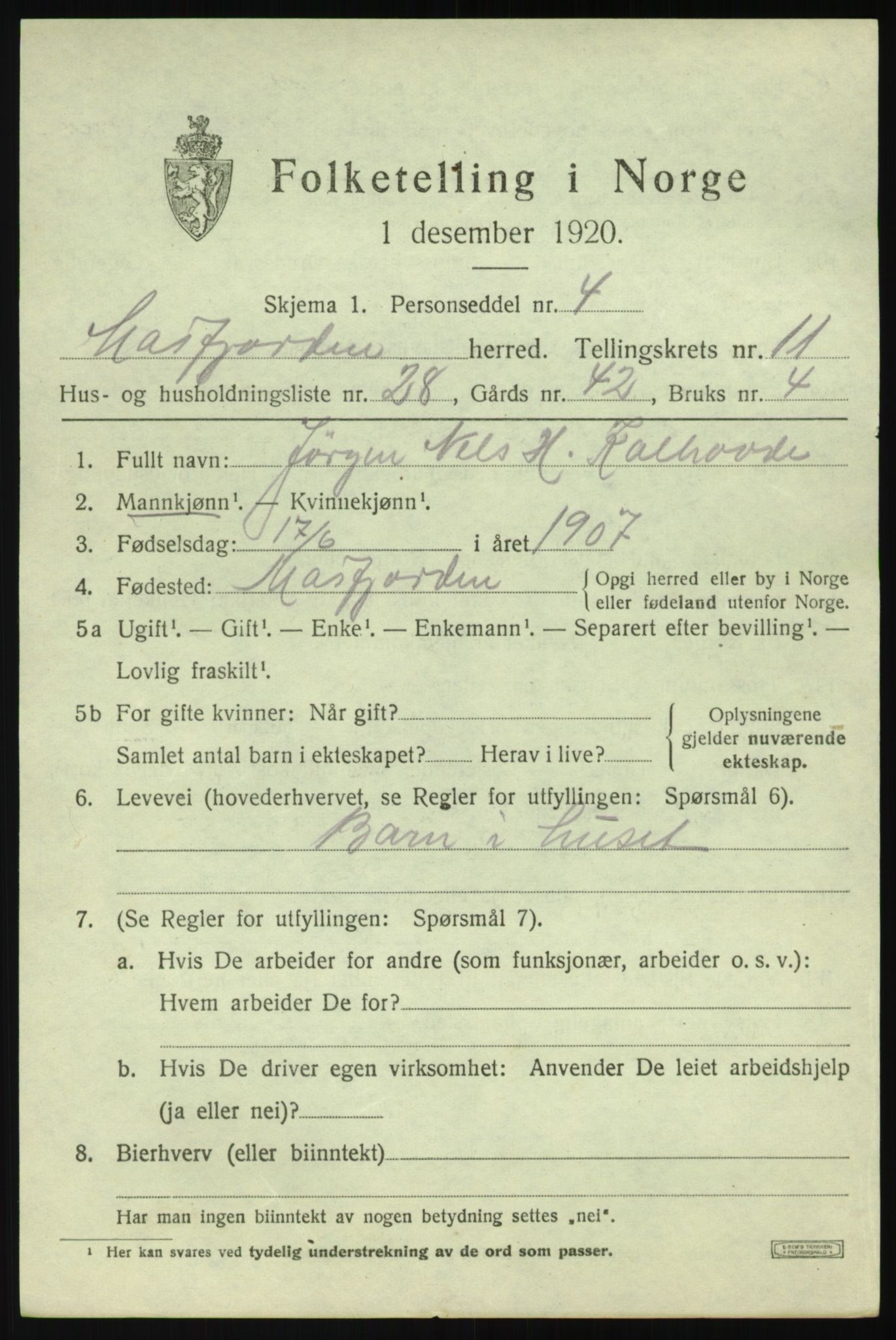 SAB, 1920 census for Masfjorden, 1920, p. 4455