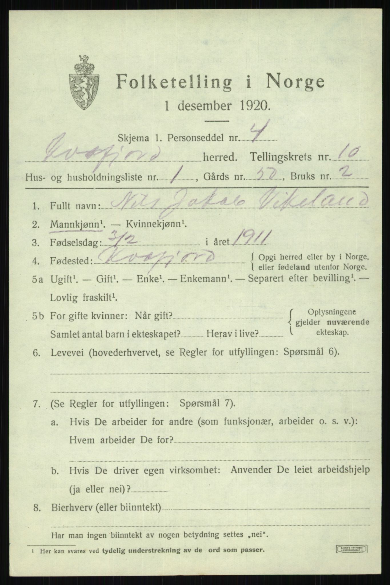 SATØ, 1920 census for Kvæfjord, 1920, p. 4525