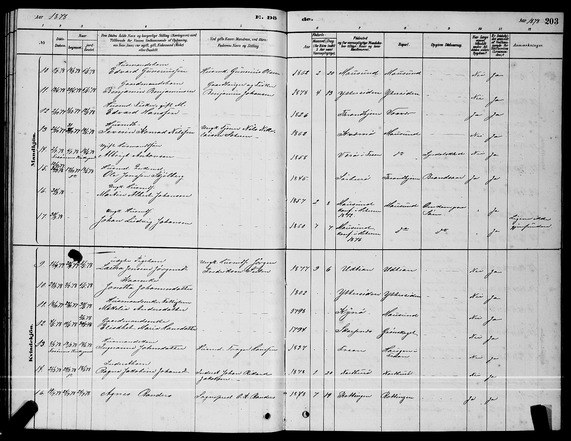 Ministerialprotokoller, klokkerbøker og fødselsregistre - Sør-Trøndelag, SAT/A-1456/640/L0585: Parish register (copy) no. 640C03, 1878-1891, p. 203
