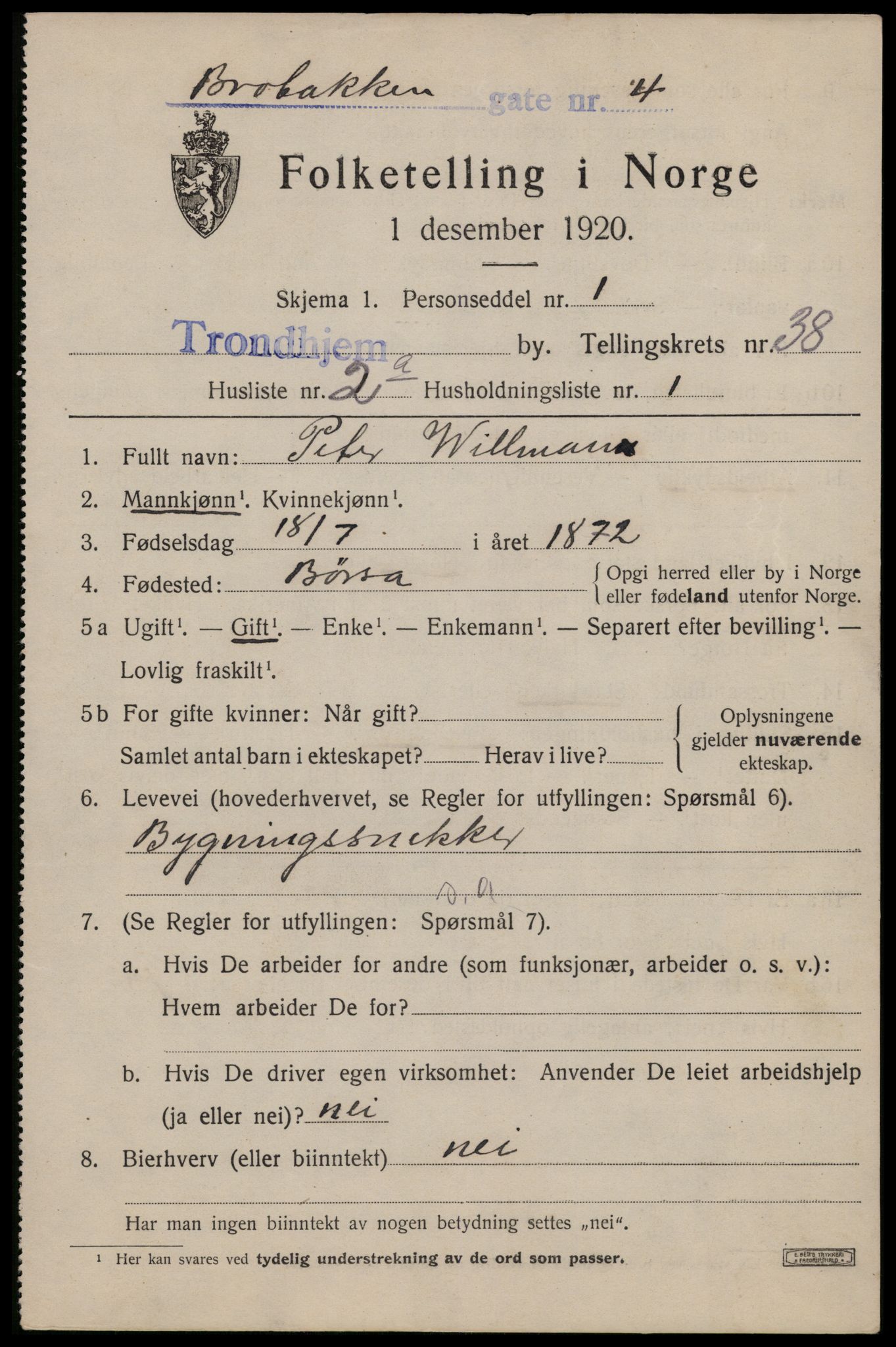 SAT, 1920 census for Trondheim, 1920, p. 86262