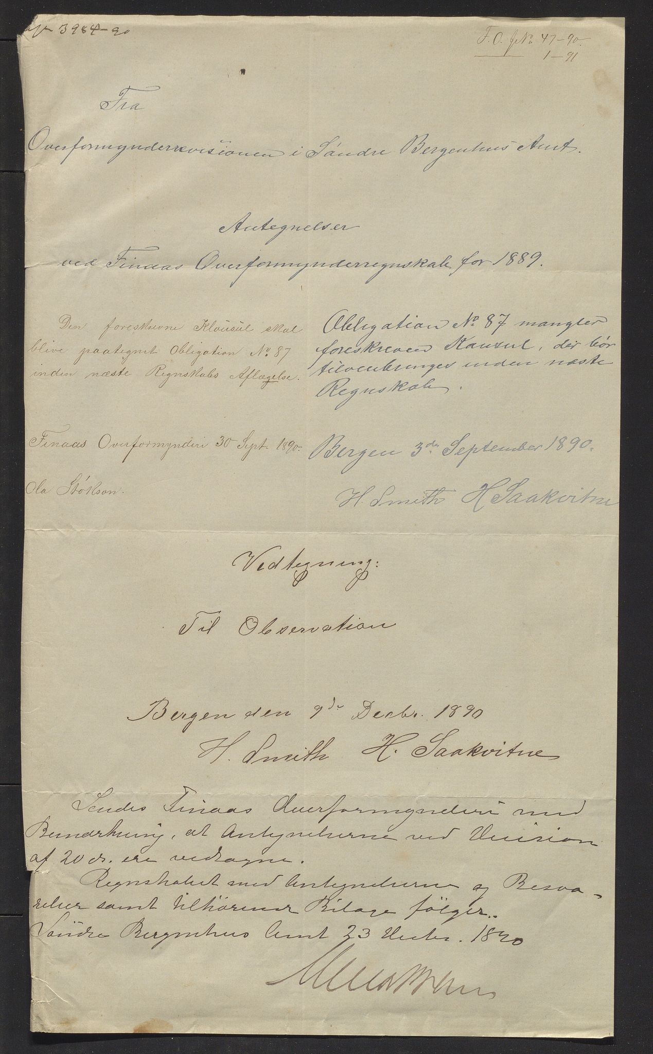 Finnaas kommune. Overformynderiet, IKAH/1218a-812/R/Ra/Raa/L0005/0006: Årlege rekneskap m/vedlegg / Årlege rekneskap m/vedlegg, 1889