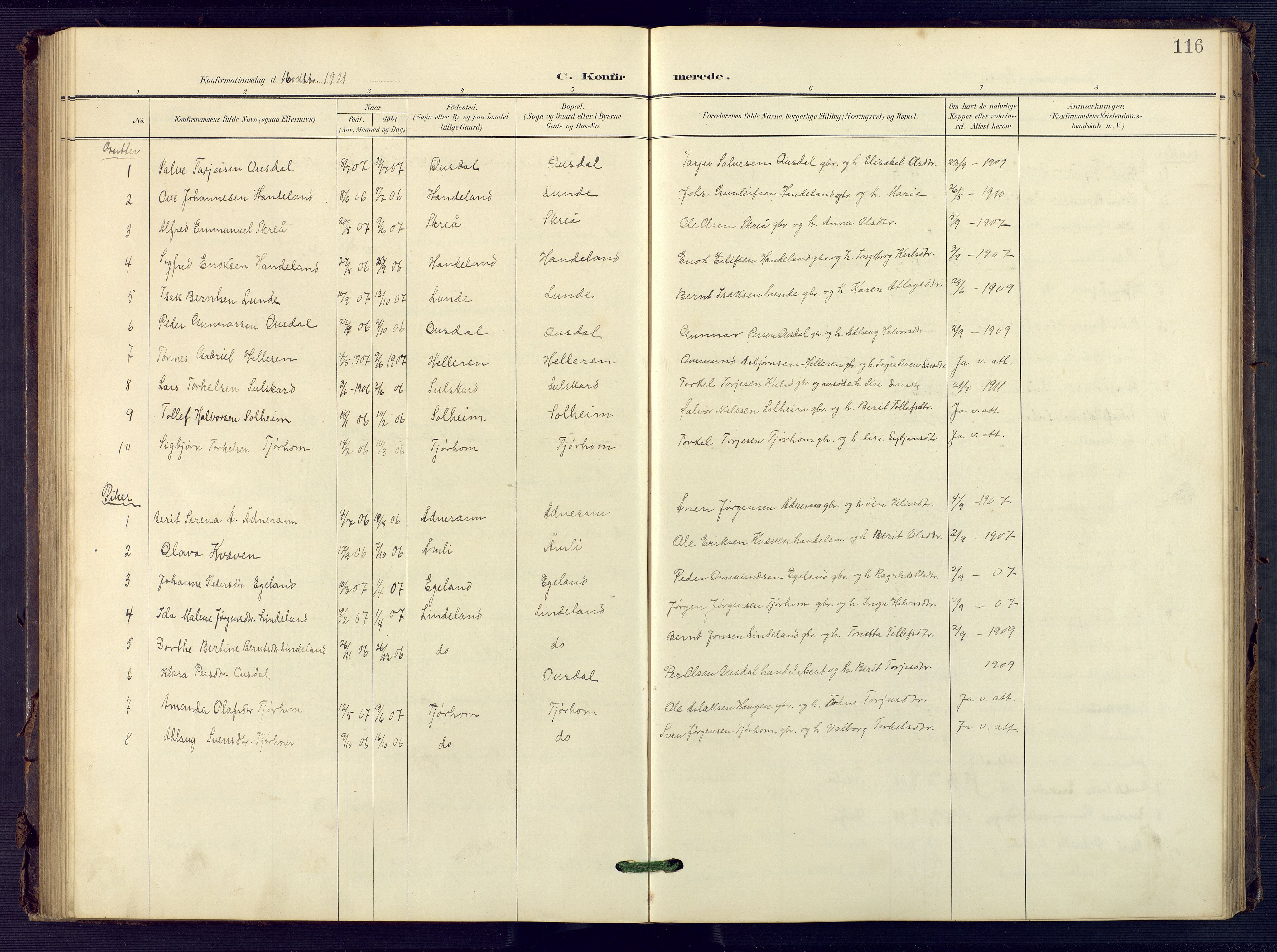 Sirdal sokneprestkontor, SAK/1111-0036/F/Fb/Fba/L0002: Parish register (copy) no. B 2, 1905-1958, p. 116