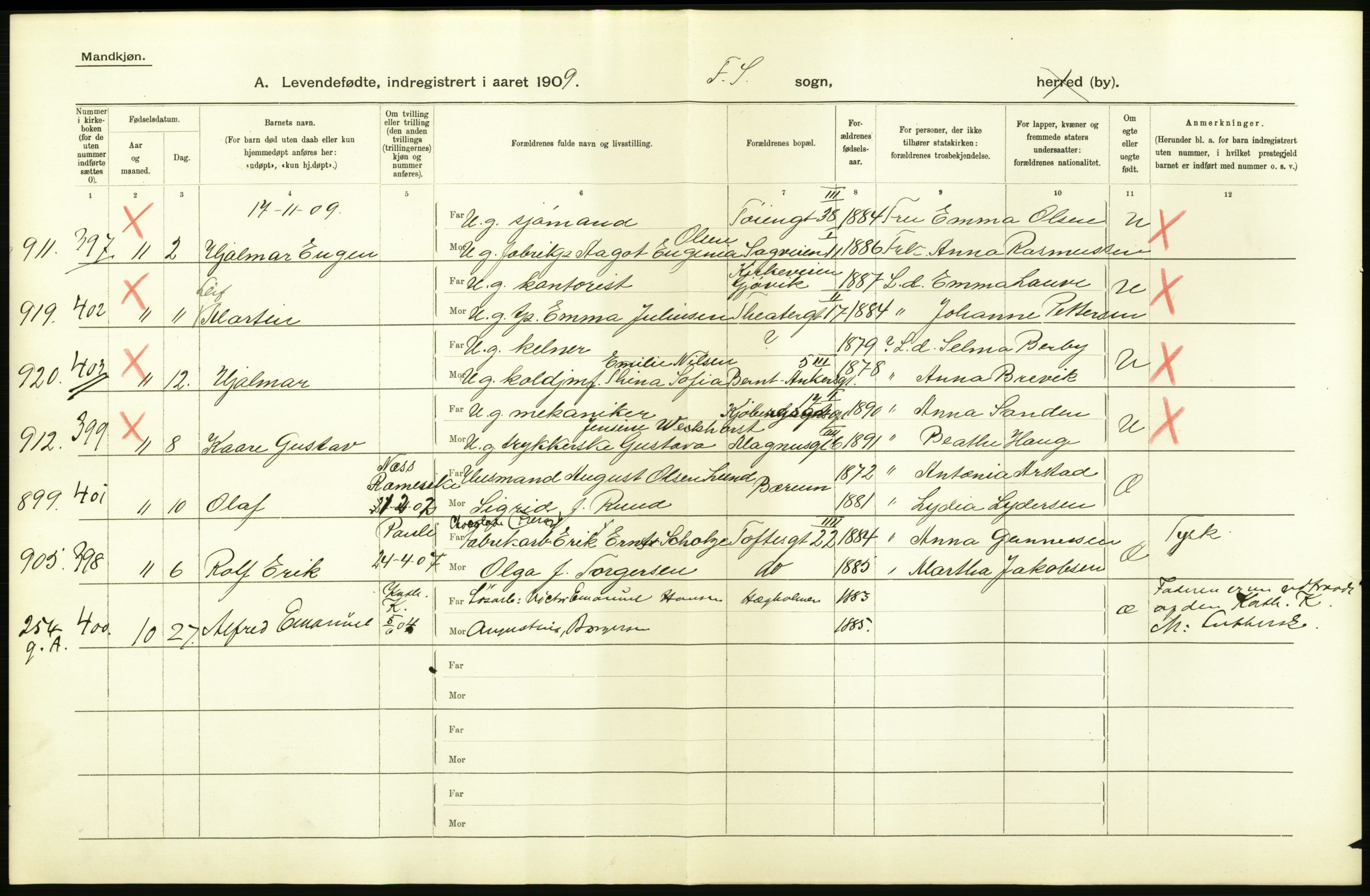 Statistisk sentralbyrå, Sosiodemografiske emner, Befolkning, AV/RA-S-2228/D/Df/Dfa/Dfag/L0006: Kristiania: Levendefødte menn og kvinner., 1909, p. 20