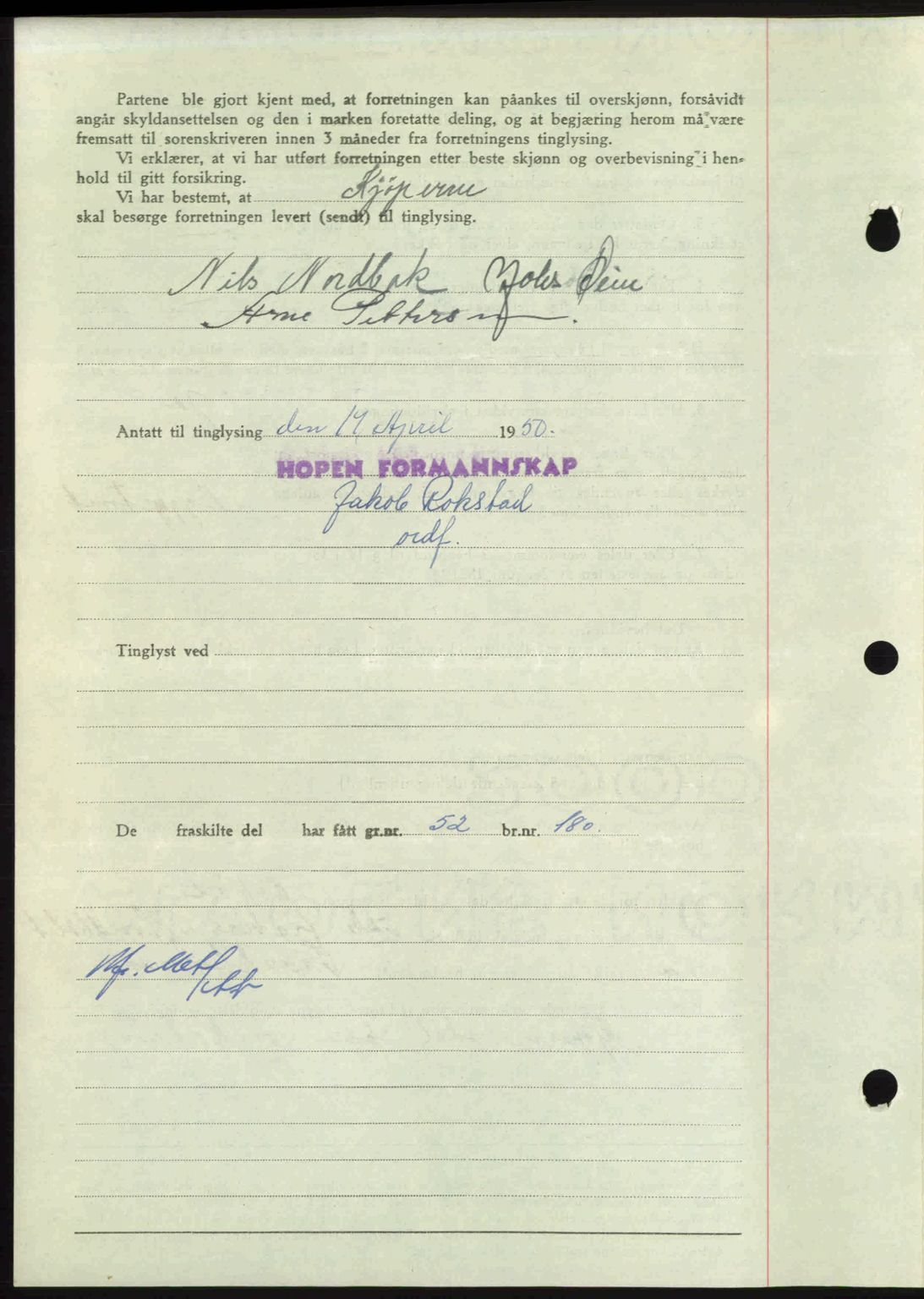 Nordmøre sorenskriveri, AV/SAT-A-4132/1/2/2Ca: Mortgage book no. A114, 1950-1950, Diary no: : 1262/1950