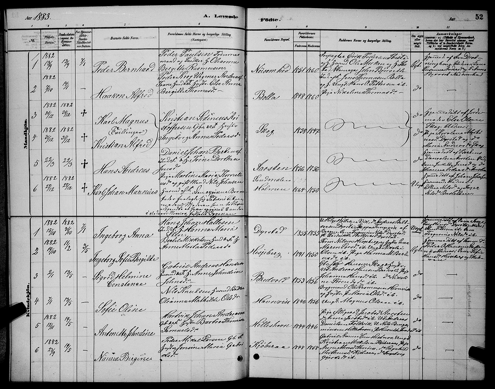 Ibestad sokneprestembete, SATØ/S-0077/H/Ha/Hab/L0007klokker: Parish register (copy) no. 7, 1879-1889, p. 52
