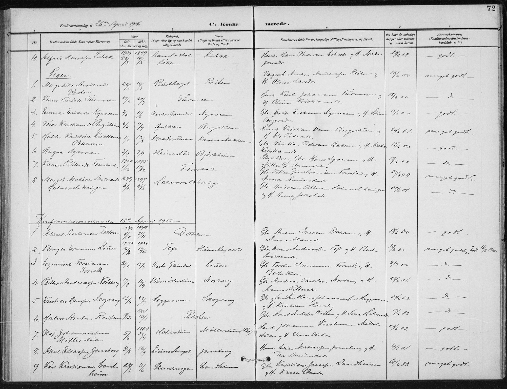 Østre Gausdal prestekontor, SAH/PREST-092/H/Ha/Haa/L0005: Parish register (official) no. 5, 1902-1920, p. 72