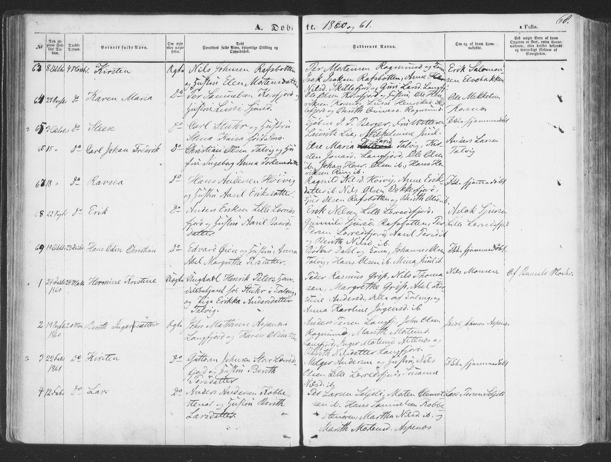 Talvik sokneprestkontor, SATØ/S-1337/H/Ha/L0010kirke: Parish register (official) no. 10, 1852-1864, p. 68