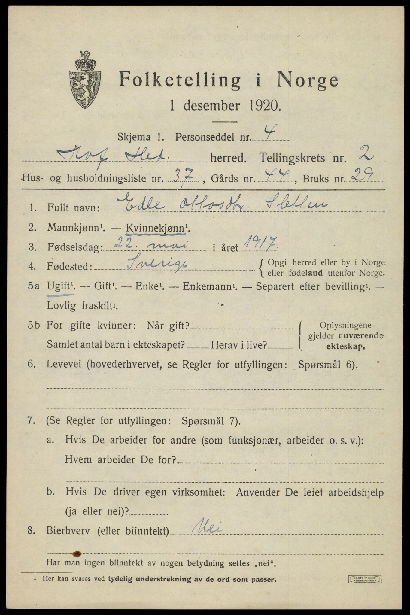 SAH, 1920 census for Hof, 1920, p. 2917