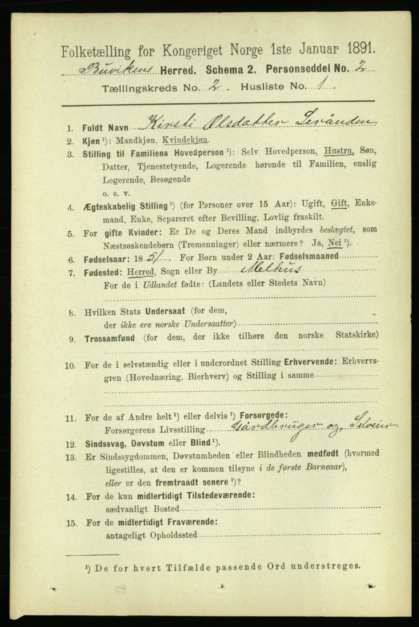 RA, 1891 census for 1656 Buvik, 1891, p. 614