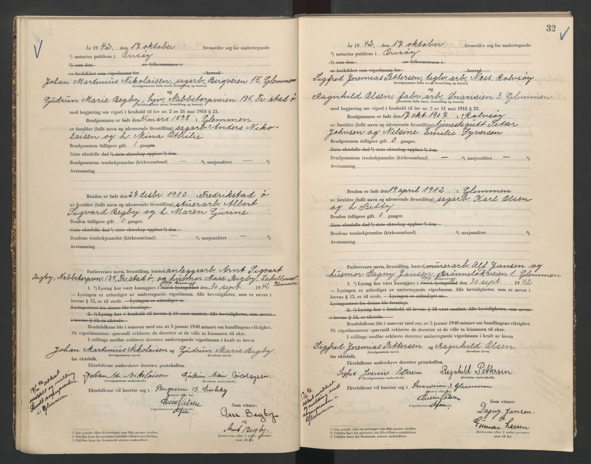 Onsøy sorenskriveri, AV/SAO-A-10474/L/La/L0002: Vigselsbok, 1942-1943, p. 32