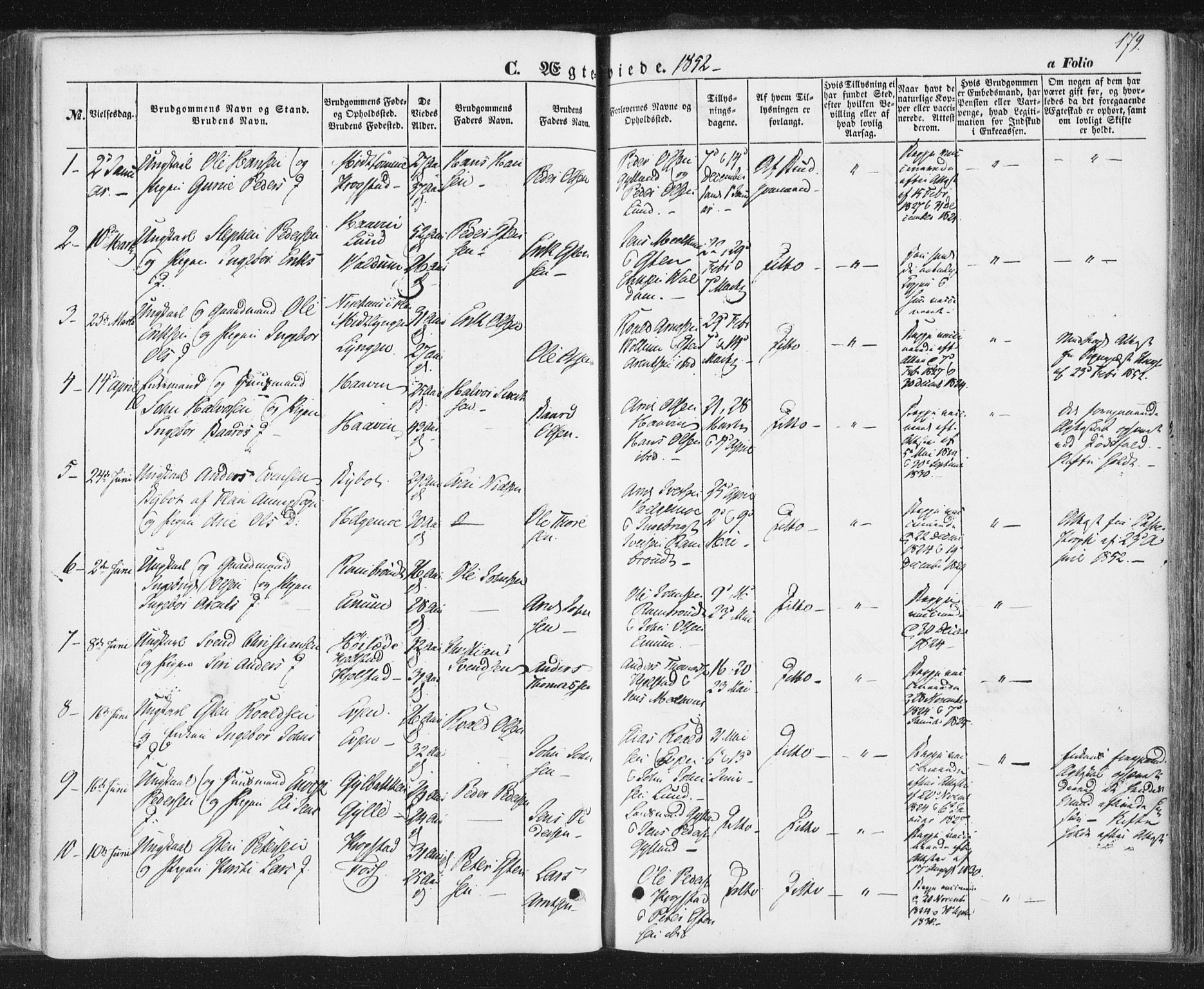 Ministerialprotokoller, klokkerbøker og fødselsregistre - Sør-Trøndelag, SAT/A-1456/692/L1103: Parish register (official) no. 692A03, 1849-1870, p. 179