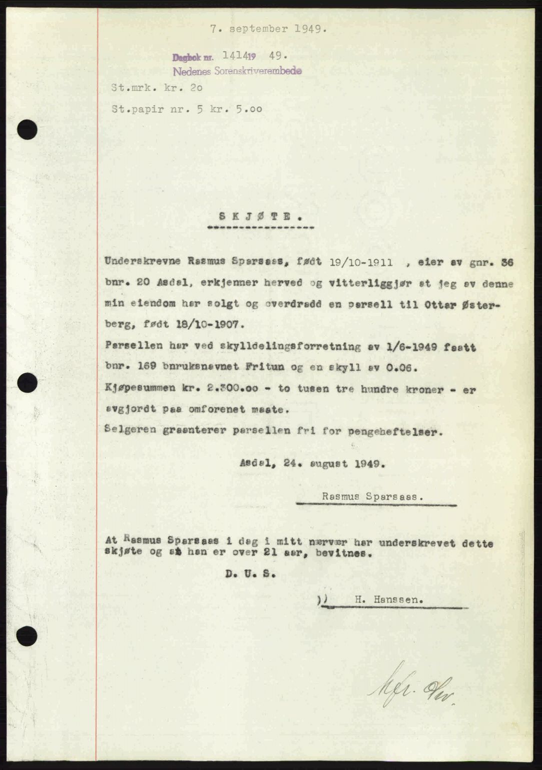 Nedenes sorenskriveri, SAK/1221-0006/G/Gb/Gba/L0061: Mortgage book no. A13, 1949-1949, Diary no: : 1414/1949