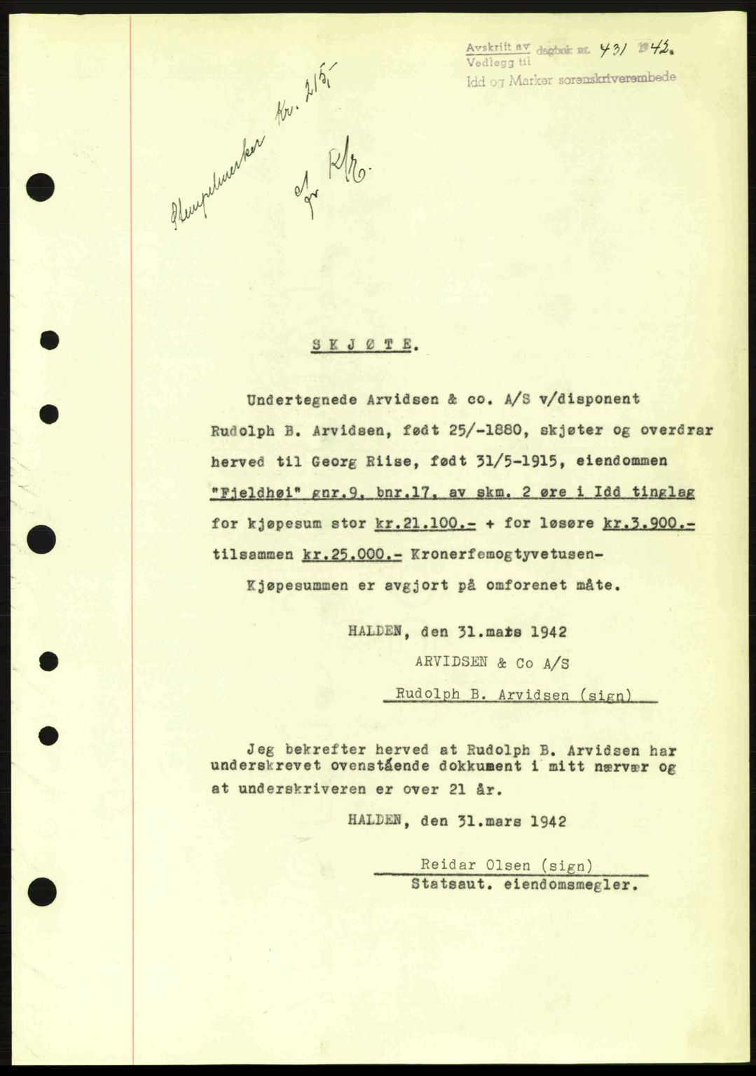 Idd og Marker sorenskriveri, AV/SAO-A-10283/G/Gb/Gbb/L0005: Mortgage book no. A5, 1941-1943, Diary no: : 431/1942