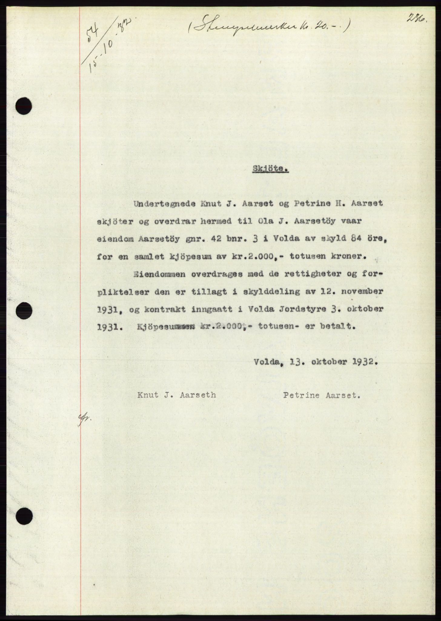 Søre Sunnmøre sorenskriveri, AV/SAT-A-4122/1/2/2C/L0054: Mortgage book no. 48, 1932-1933, Deed date: 15.10.1932