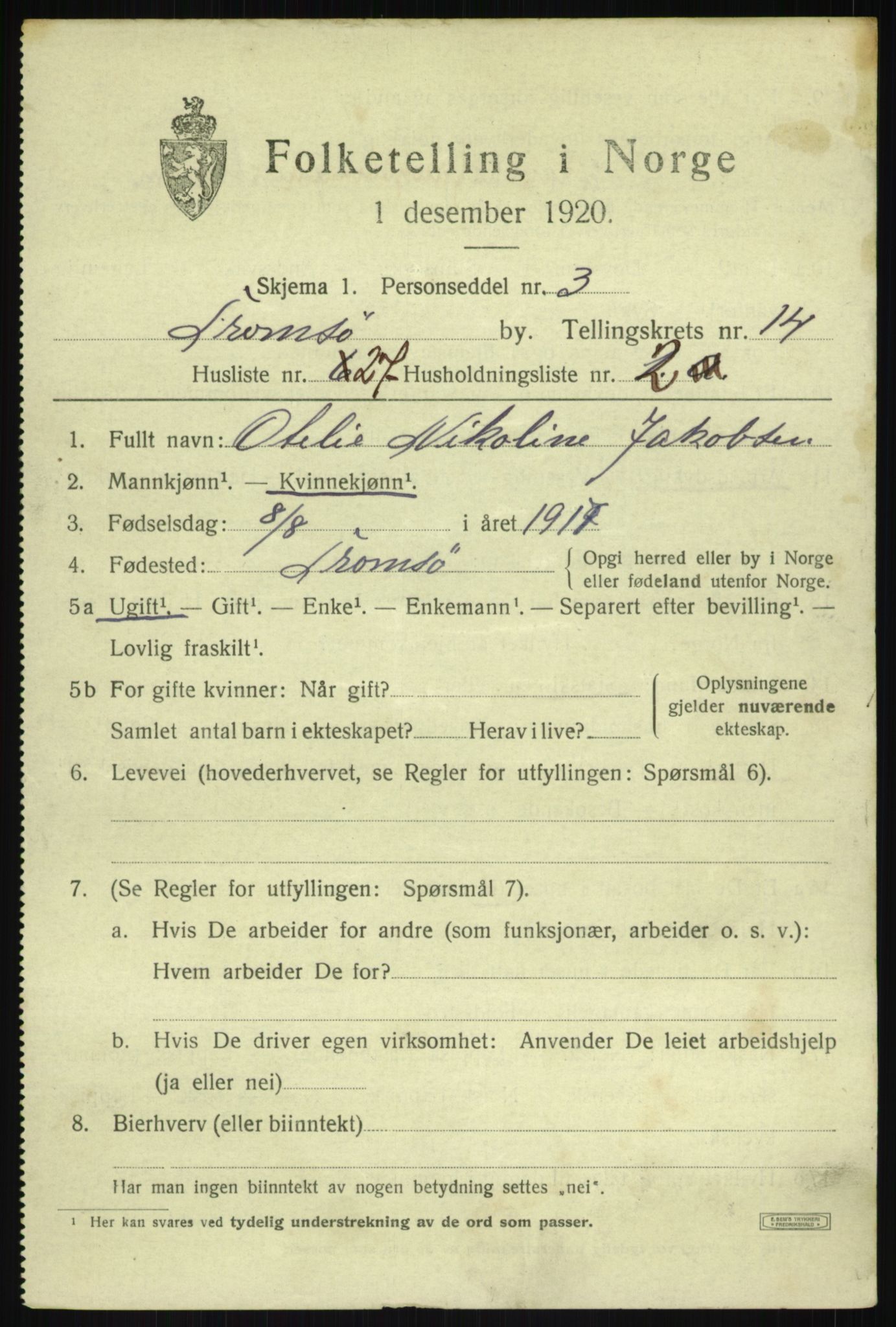 SATØ, 1920 census for Tromsø, 1920, p. 26867