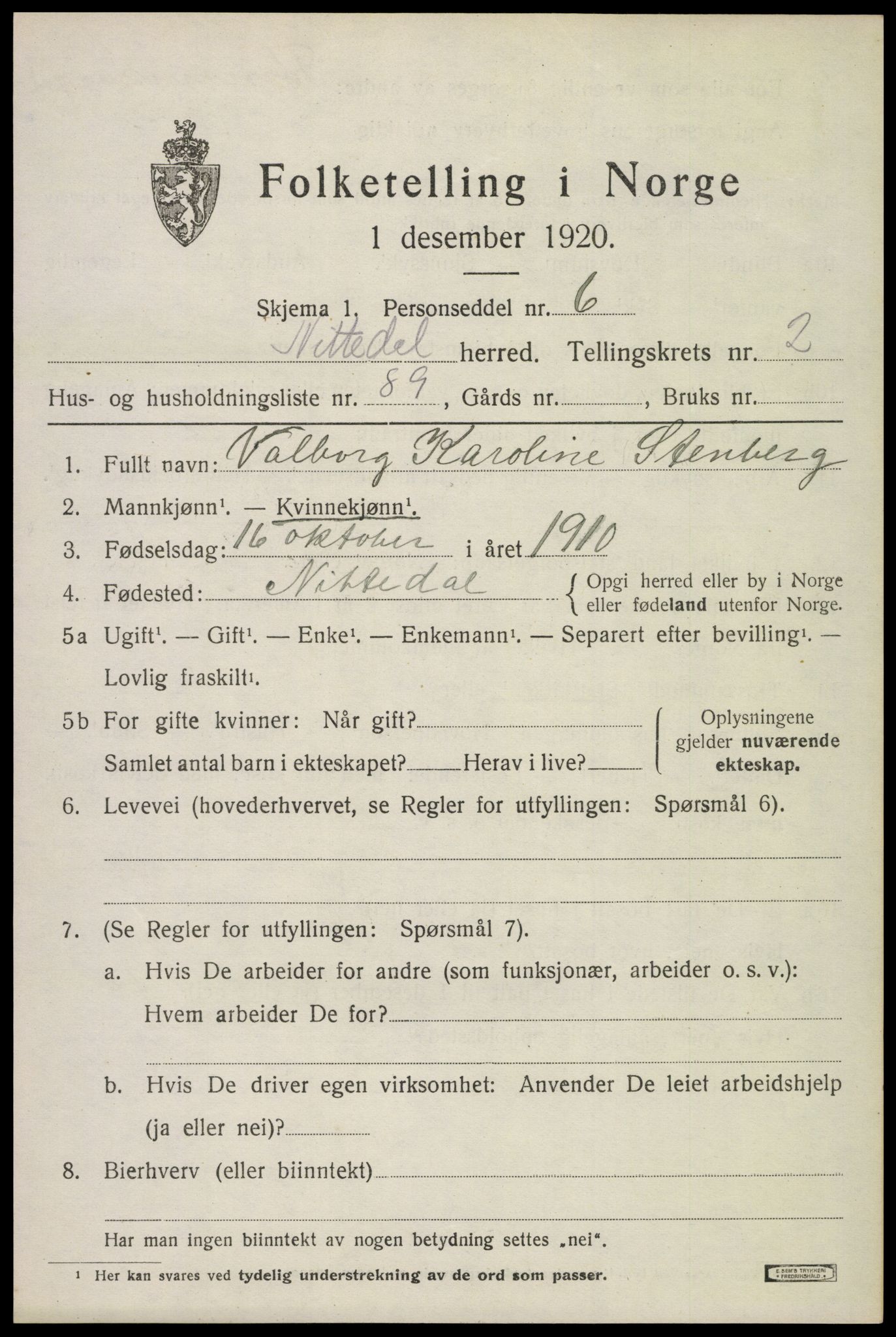 SAO, 1920 census for Nittedal, 1920, p. 2770
