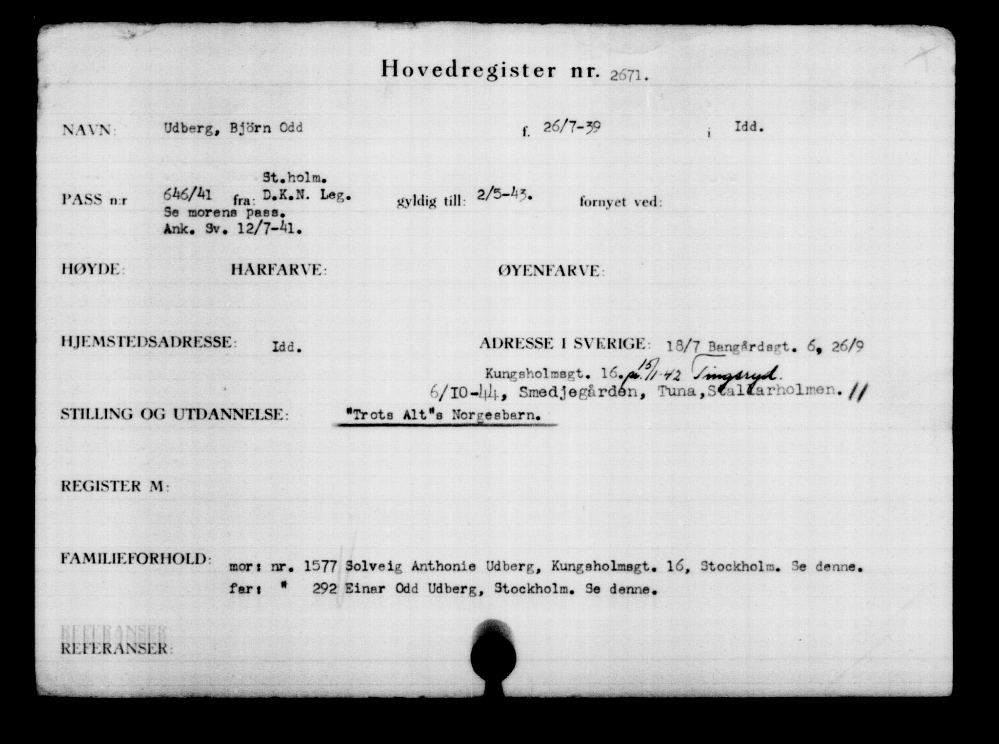 Utenriksstasjonene, Legasjonen i Stockholm, Flyktningkontoret, AV/RA-S-6753/V/Va/L0003: Kjesäterkartoteket, flyktninger med registreringsnr. 2001-3495, 1940-1945, p. 638