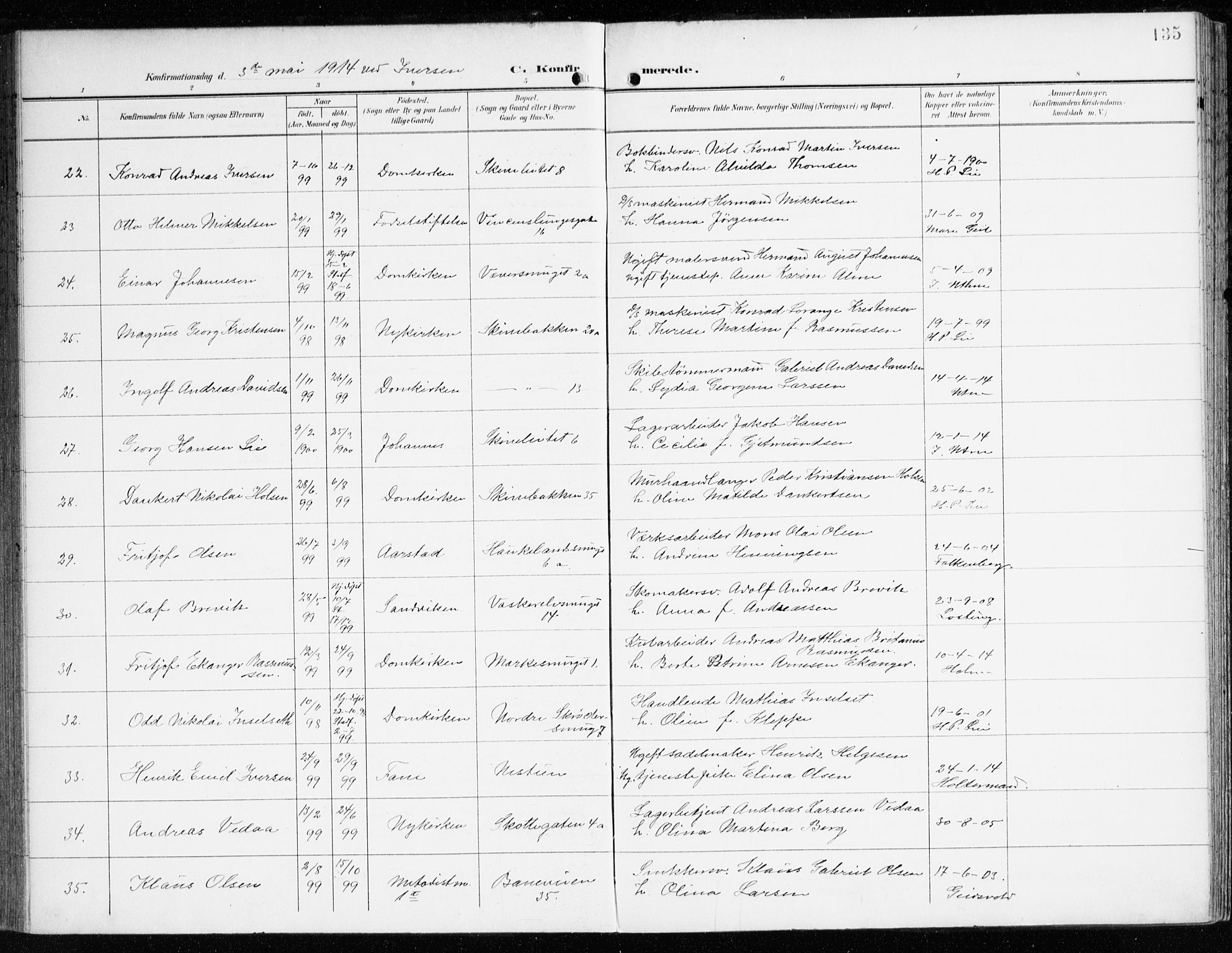 Domkirken sokneprestembete, AV/SAB-A-74801/H/Haa/L0031: Parish register (official) no. C 6, 1898-1915, p. 135