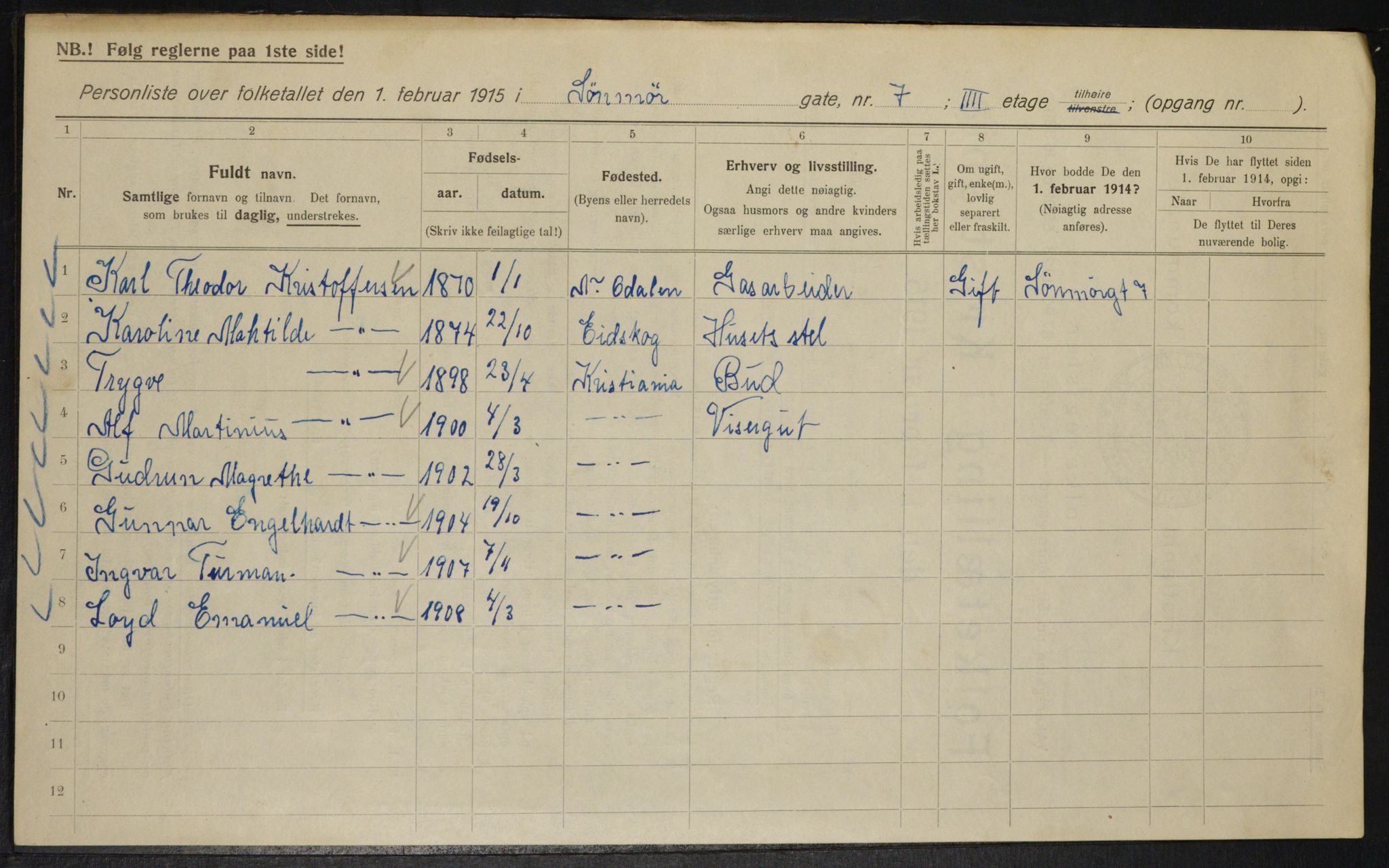 OBA, Municipal Census 1915 for Kristiania, 1915, p. 105014