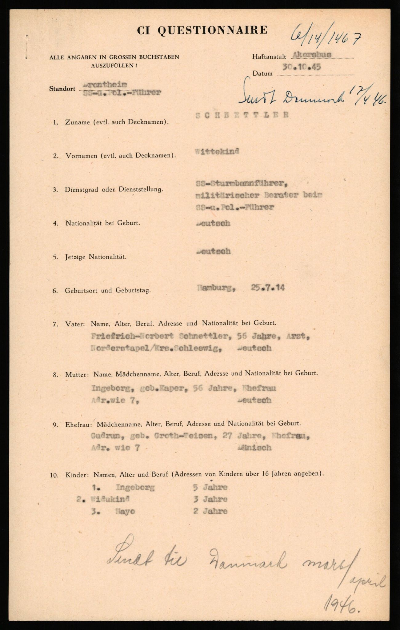 Forsvaret, Forsvarets overkommando II, AV/RA-RAFA-3915/D/Db/L0030: CI Questionaires. Tyske okkupasjonsstyrker i Norge. Tyskere., 1945-1946, p. 88