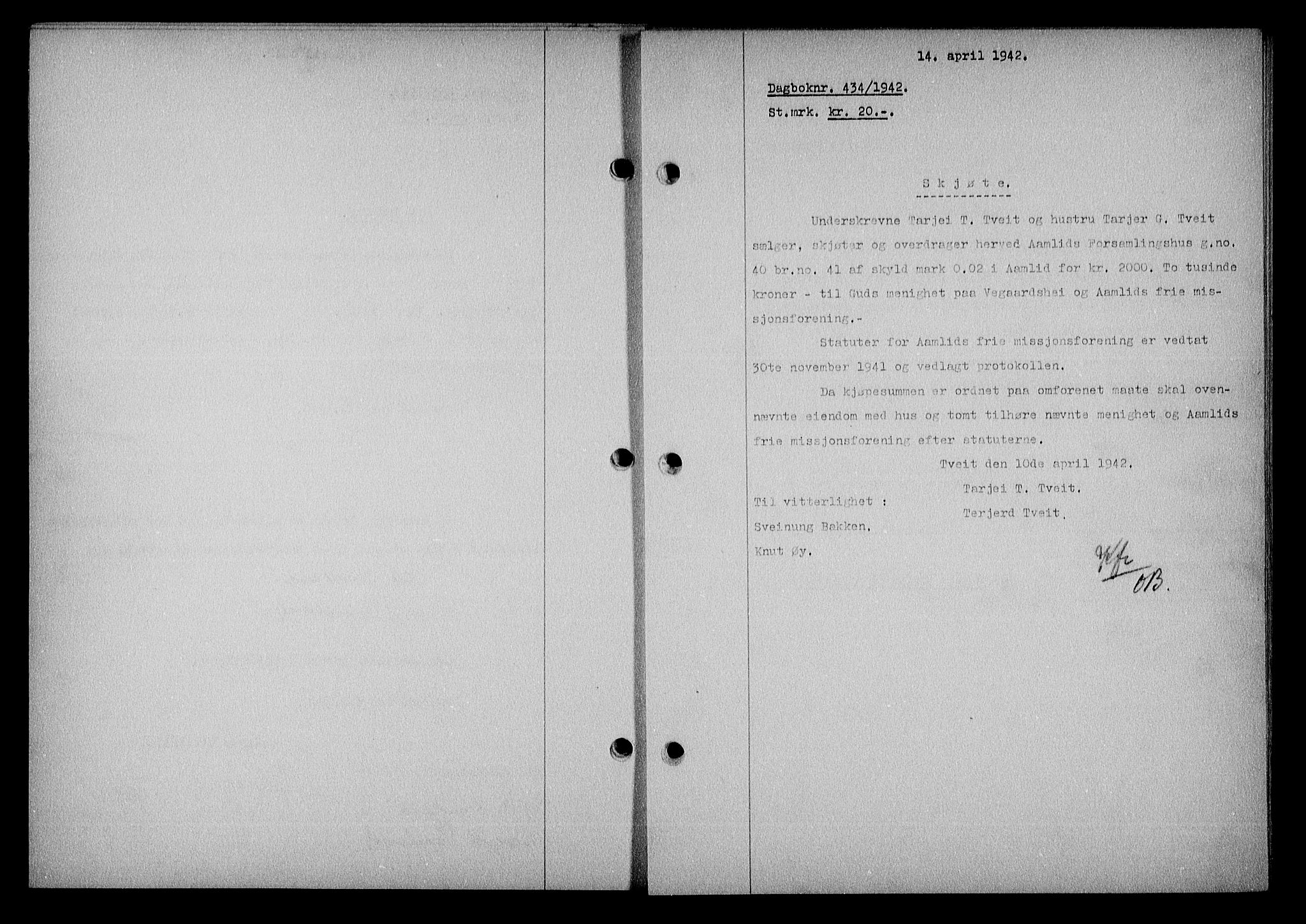 Nedenes sorenskriveri, SAK/1221-0006/G/Gb/Gba/L0049: Mortgage book no. A-III, 1941-1942, Diary no: : 434/1942