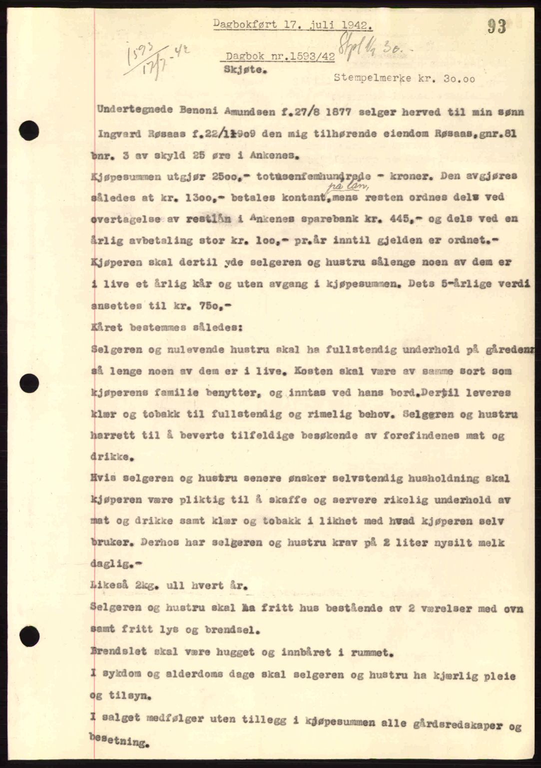 Steigen og Ofoten sorenskriveri, AV/SAT-A-0030/1/2/2C: Mortgage book no. A9-12, 1942-1946, Diary no: : 1593/1942