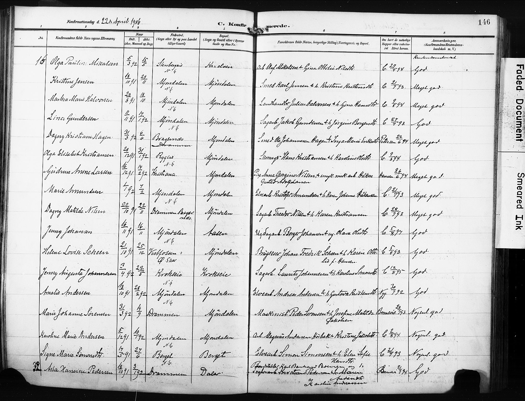 Nedre Eiker kirkebøker, AV/SAKO-A-612/F/Fa/L0006: Parish register (official) no. 6, 1906-1912, p. 146