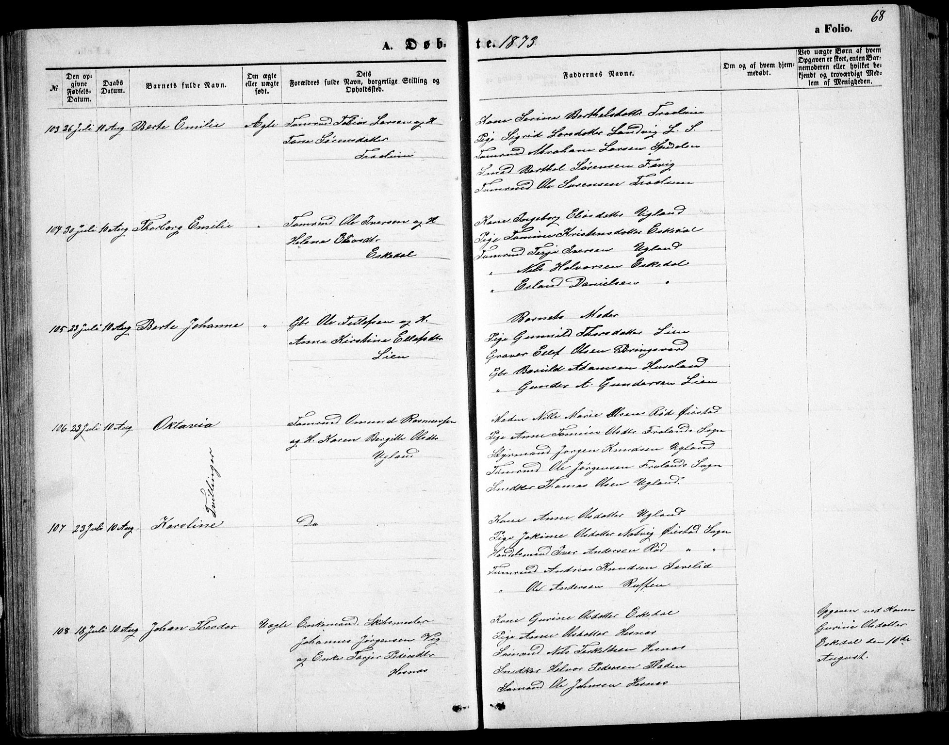 Fjære sokneprestkontor, AV/SAK-1111-0011/F/Fb/L0010: Parish register (copy) no. B 10, 1871-1880, p. 68