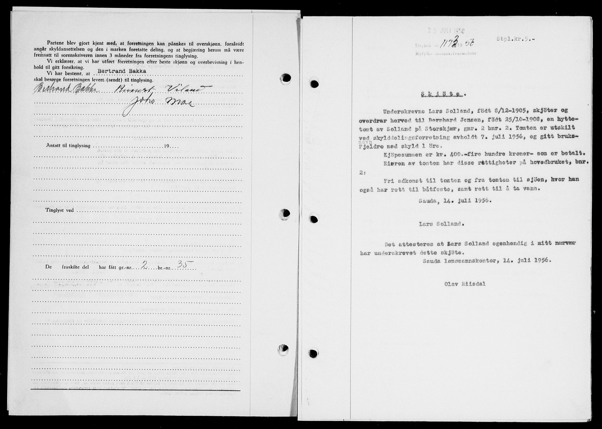 Ryfylke tingrett, SAST/A-100055/001/II/IIB/L0134: Mortgage book no. 113, 1956-1956, Diary no: : 1173/1956