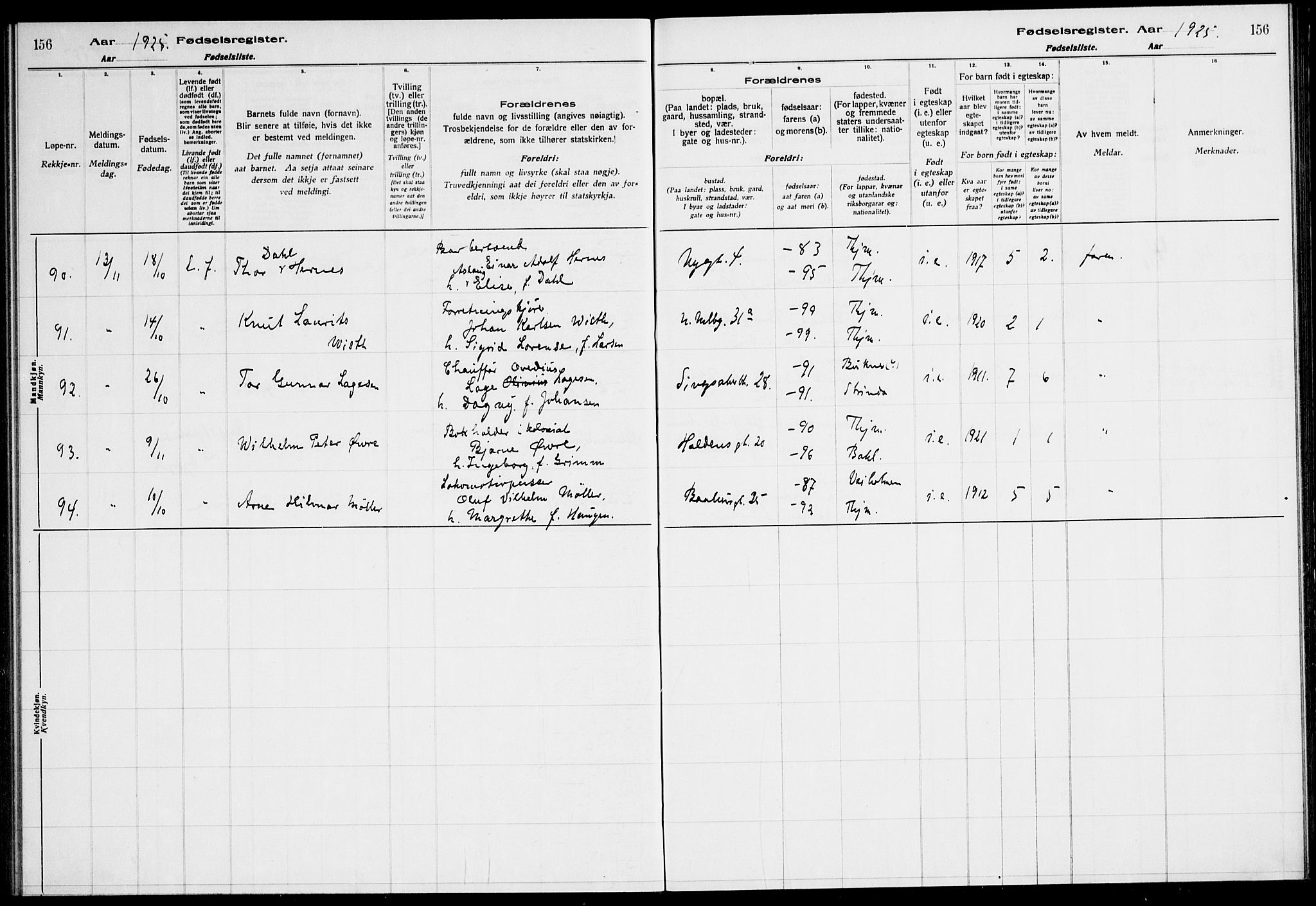 Ministerialprotokoller, klokkerbøker og fødselsregistre - Sør-Trøndelag, AV/SAT-A-1456/604/L0233: Birth register no. 604.II.4.2, 1920-1928, p. 156