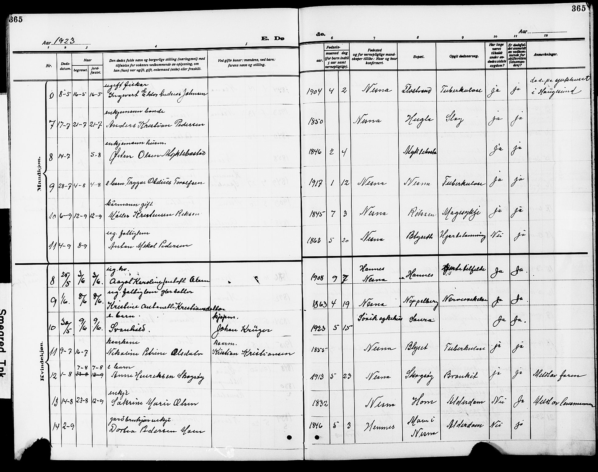 Ministerialprotokoller, klokkerbøker og fødselsregistre - Nordland, AV/SAT-A-1459/838/L0560: Parish register (copy) no. 838C07, 1910-1928, p. 365