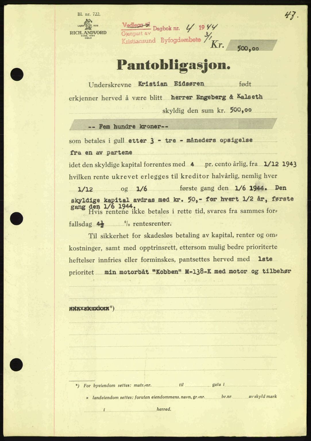 Kristiansund byfogd, AV/SAT-A-4587/A/27: Mortgage book no. 37-38, 1943-1945, Diary no: : 4/1944