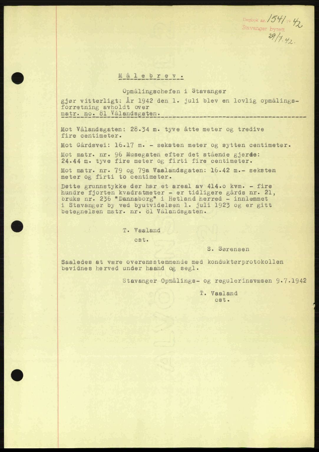 Stavanger byrett, SAST/A-100455/002/G/Gb/L0017: Mortgage book no. A7, 1941-1943, Diary no: : 1541/1942