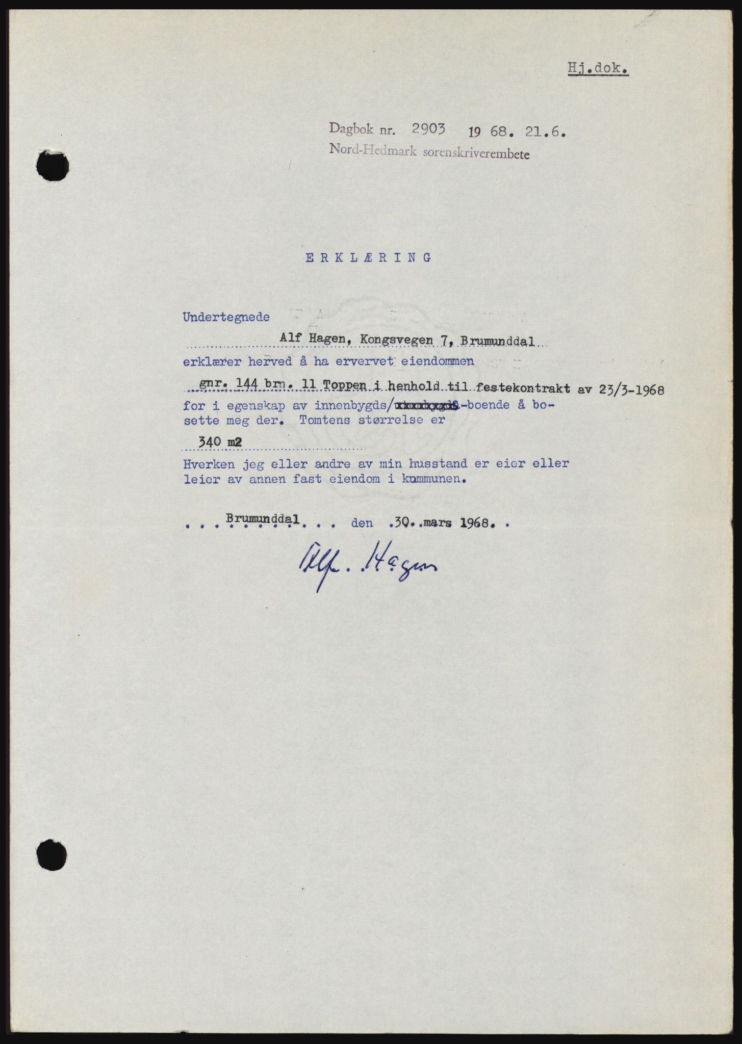 Nord-Hedmark sorenskriveri, SAH/TING-012/H/Hc/L0028: Mortgage book no. 28, 1968-1968, Diary no: : 2903/1968