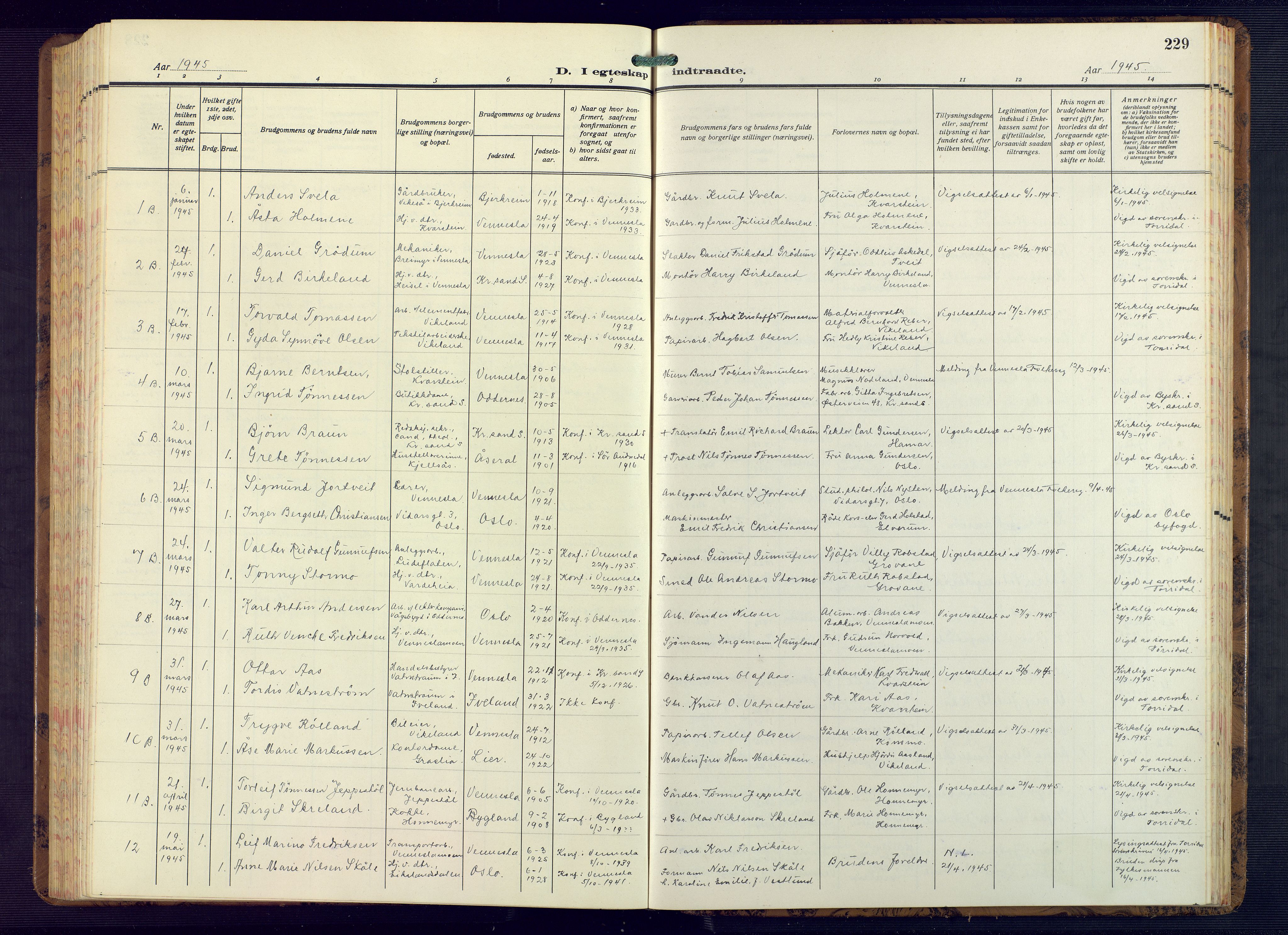 Vennesla sokneprestkontor, AV/SAK-1111-0045/Fb/Fbb/L0008: Parish register (copy) no. B 8, 1934-1947, p. 229