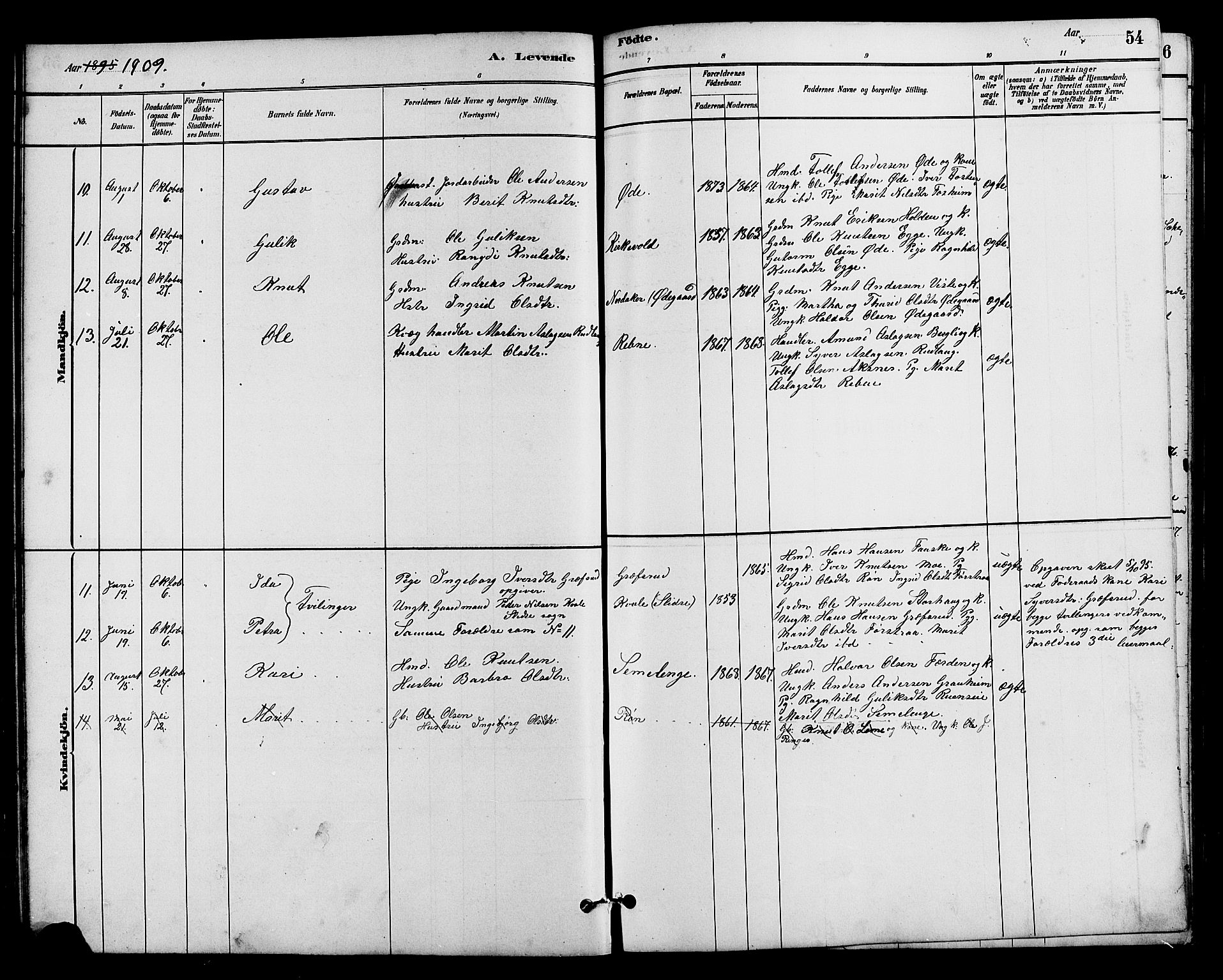 Vestre Slidre prestekontor, SAH/PREST-136/H/Ha/Hab/L0005: Parish register (copy) no. 5, 1881-1913, p. 54