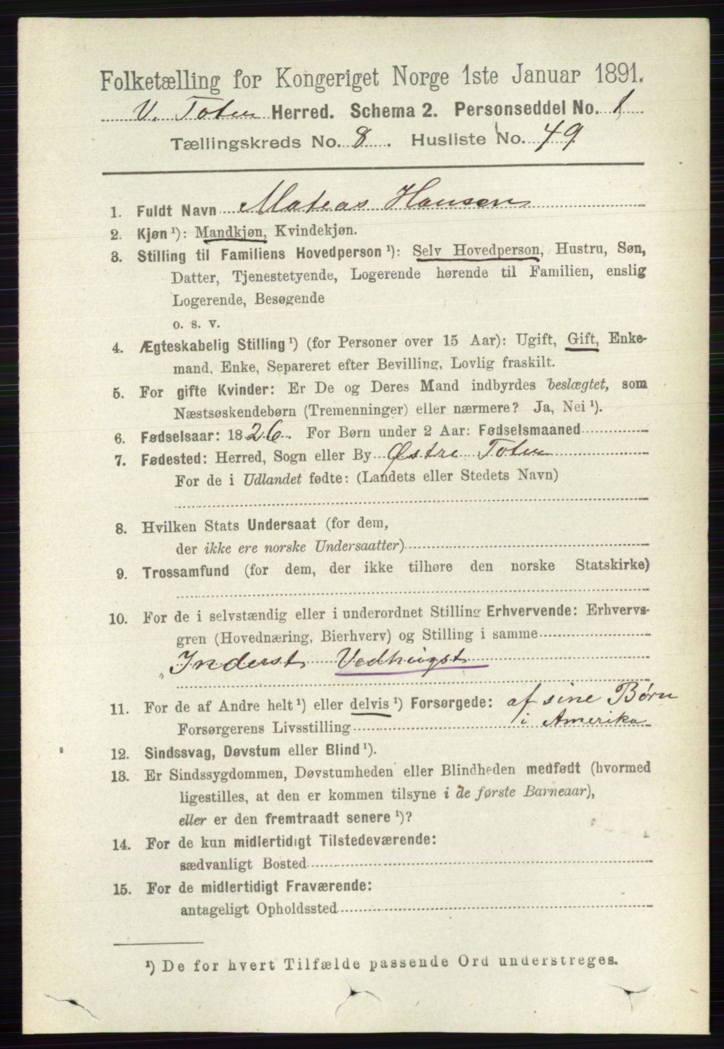 RA, 1891 census for 0529 Vestre Toten, 1891, p. 5304