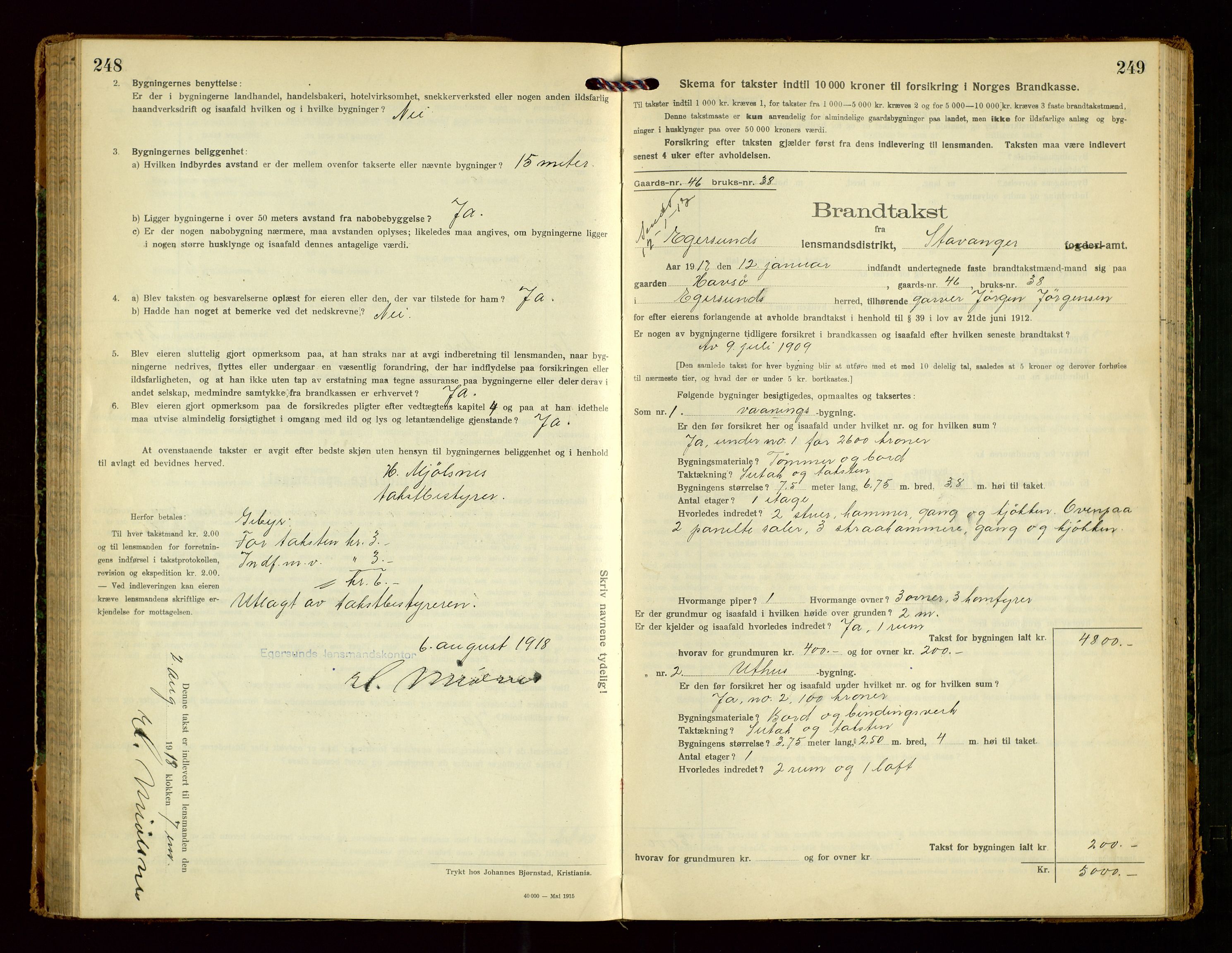 Eigersund lensmannskontor, SAST/A-100171/Gob/L0003: "Brandtakstprotokol", 1917-1920, p. 248-249