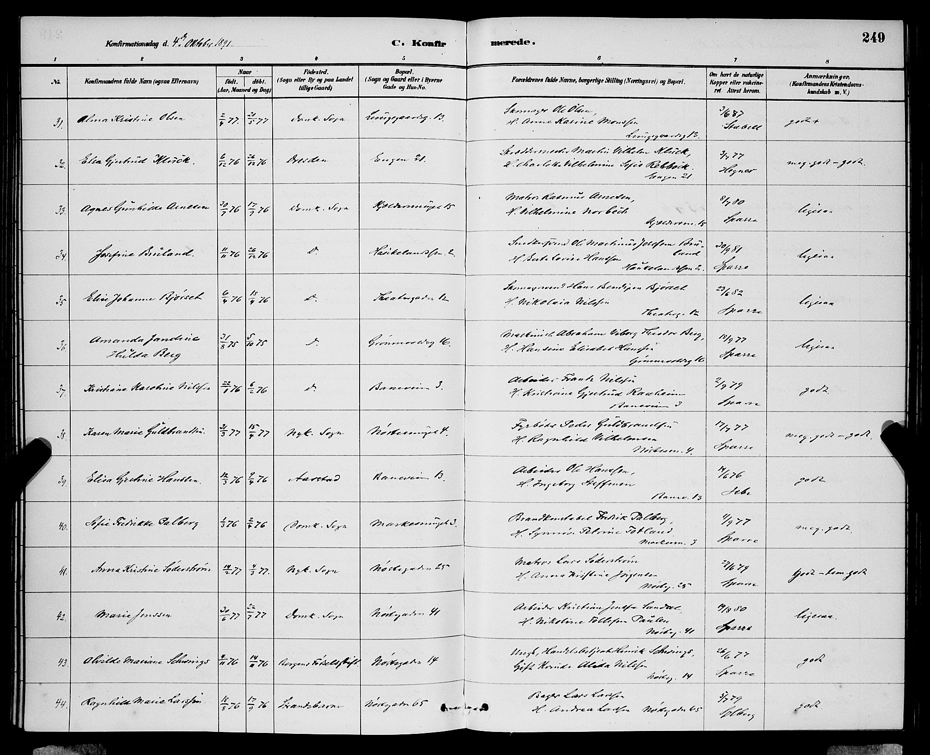 Domkirken sokneprestembete, AV/SAB-A-74801/H/Hab/L0024: Parish register (copy) no. C 4, 1880-1899, p. 249