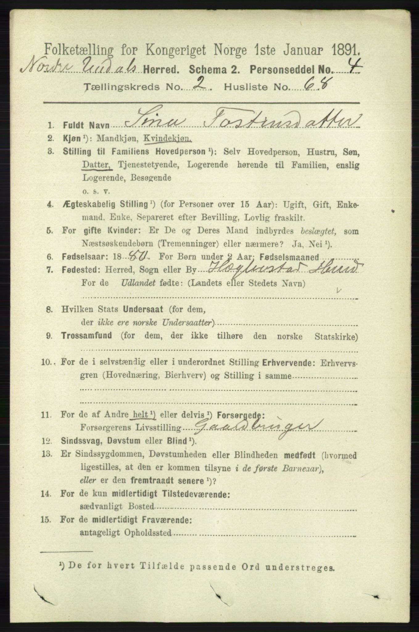 RA, 1891 census for 1028 Nord-Audnedal, 1891, p. 685