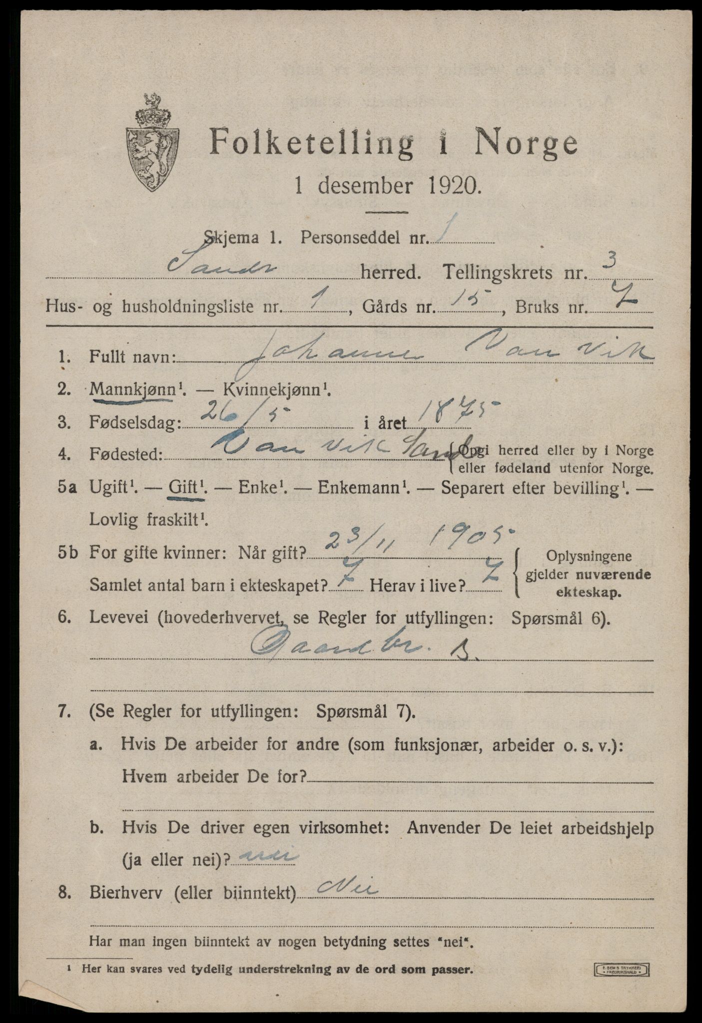 SAST, 1920 census for Sand, 1920, p. 1055