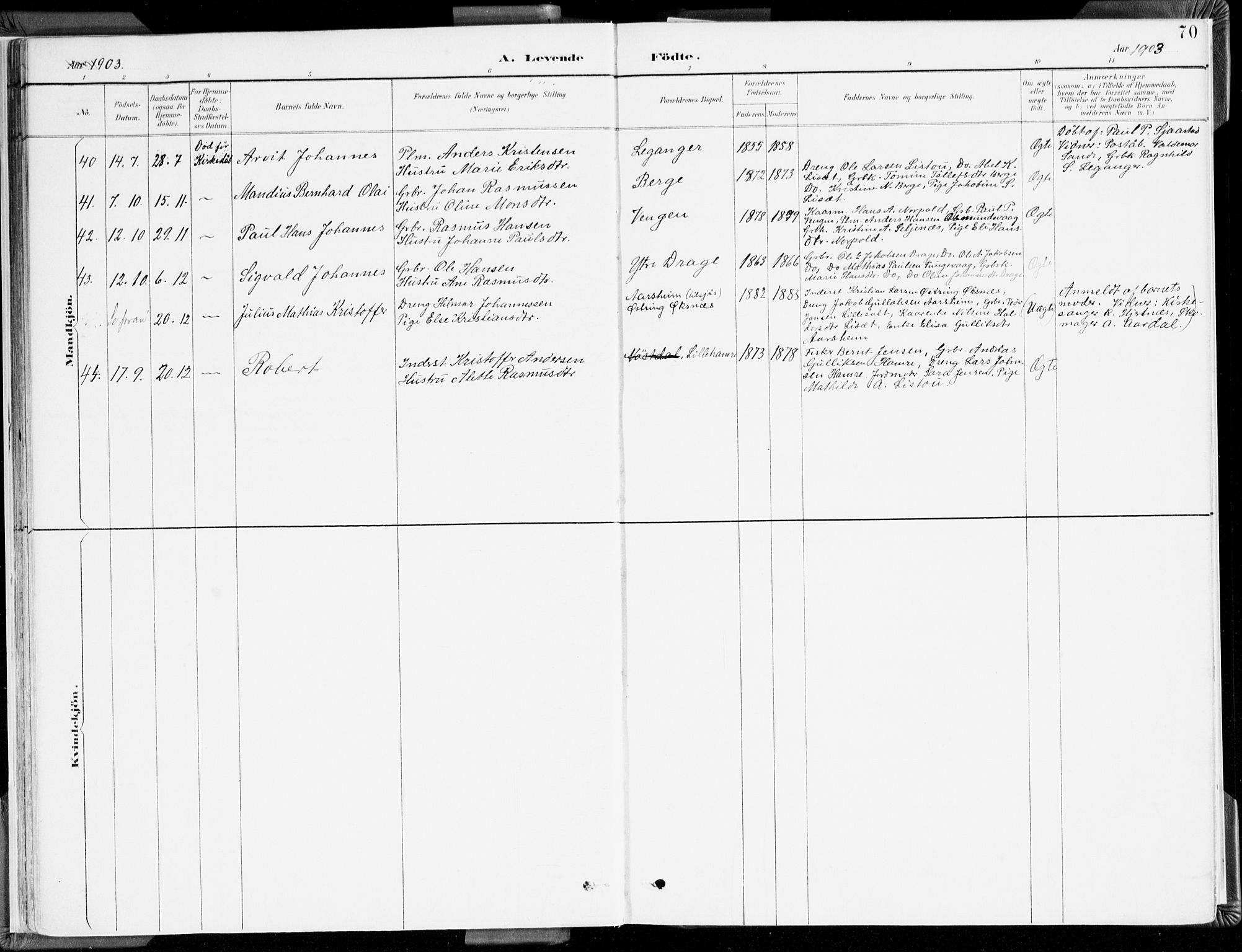 Selje sokneprestembete, AV/SAB-A-99938/H/Ha/Haa/Haab: Parish register (official) no. B 2, 1891-1907, p. 70