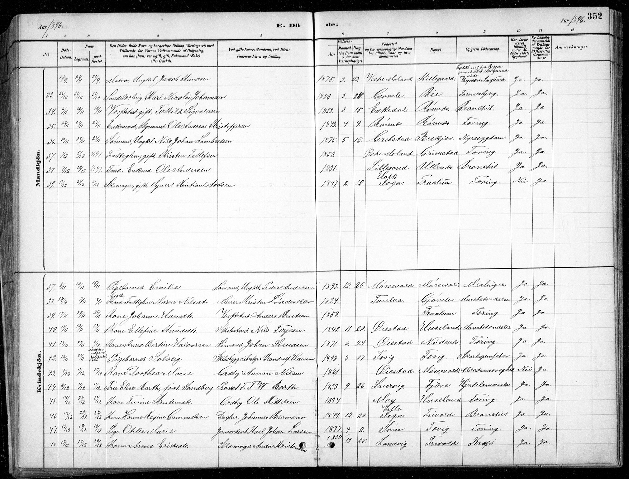 Fjære sokneprestkontor, AV/SAK-1111-0011/F/Fb/L0011: Parish register (copy) no. B 11, 1881-1905, p. 352