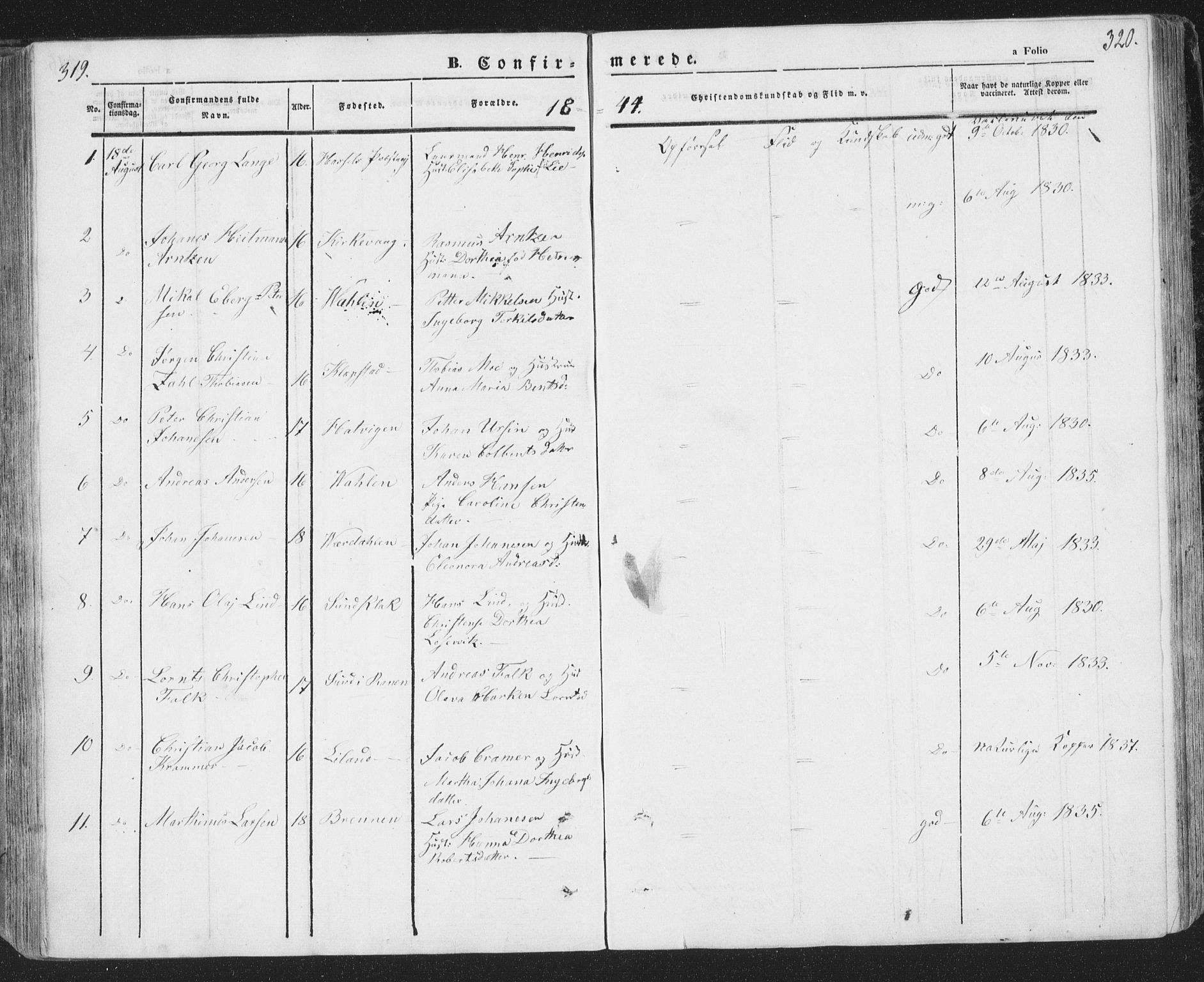 Ministerialprotokoller, klokkerbøker og fødselsregistre - Nordland, SAT/A-1459/874/L1072: Parish register (copy) no. 874C01, 1843-1859, p. 319-320