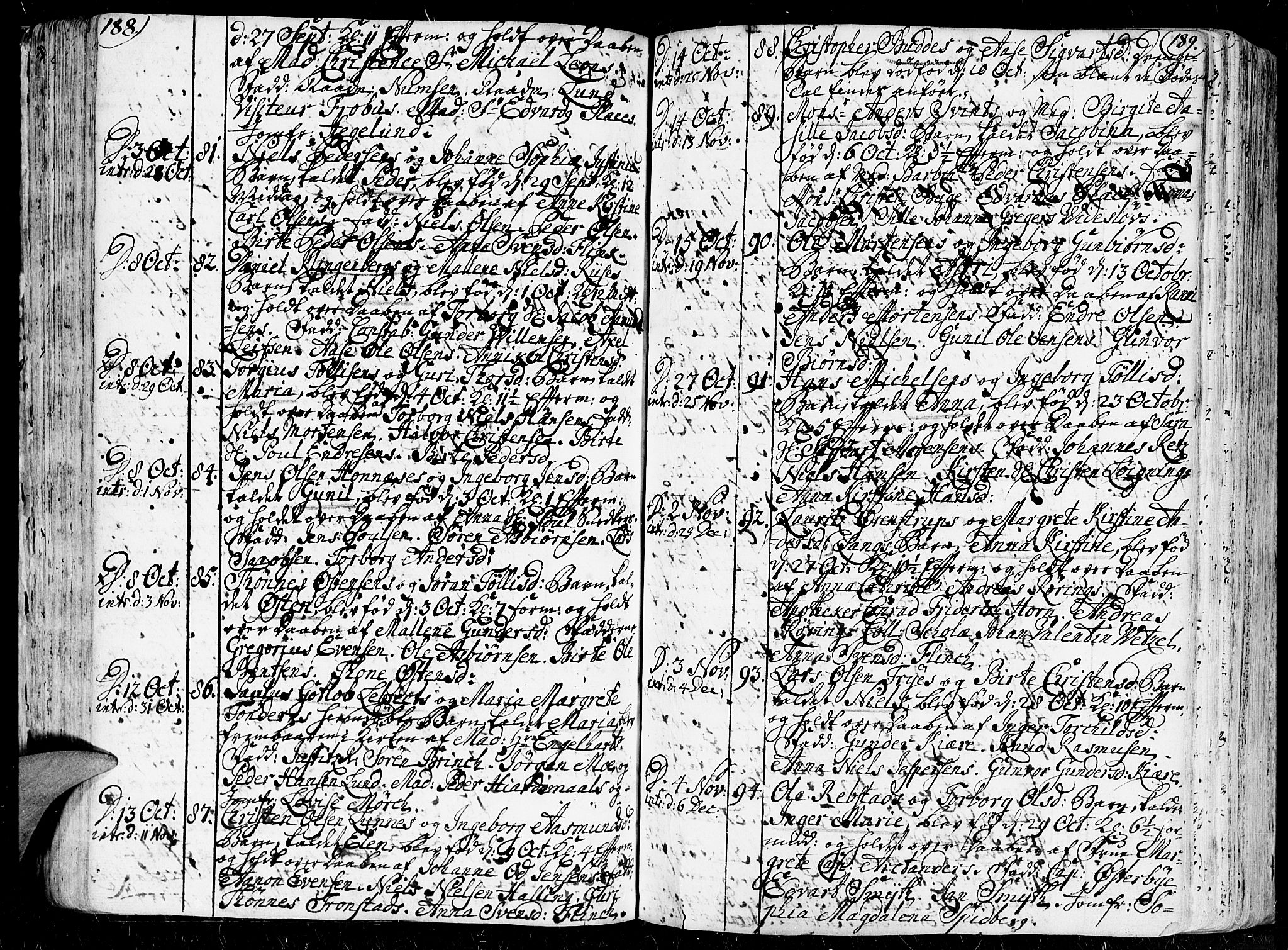 Kristiansand domprosti, AV/SAK-1112-0006/F/Fa/L0001: Parish register (official) no. A 1, 1734-1793, p. 188-189