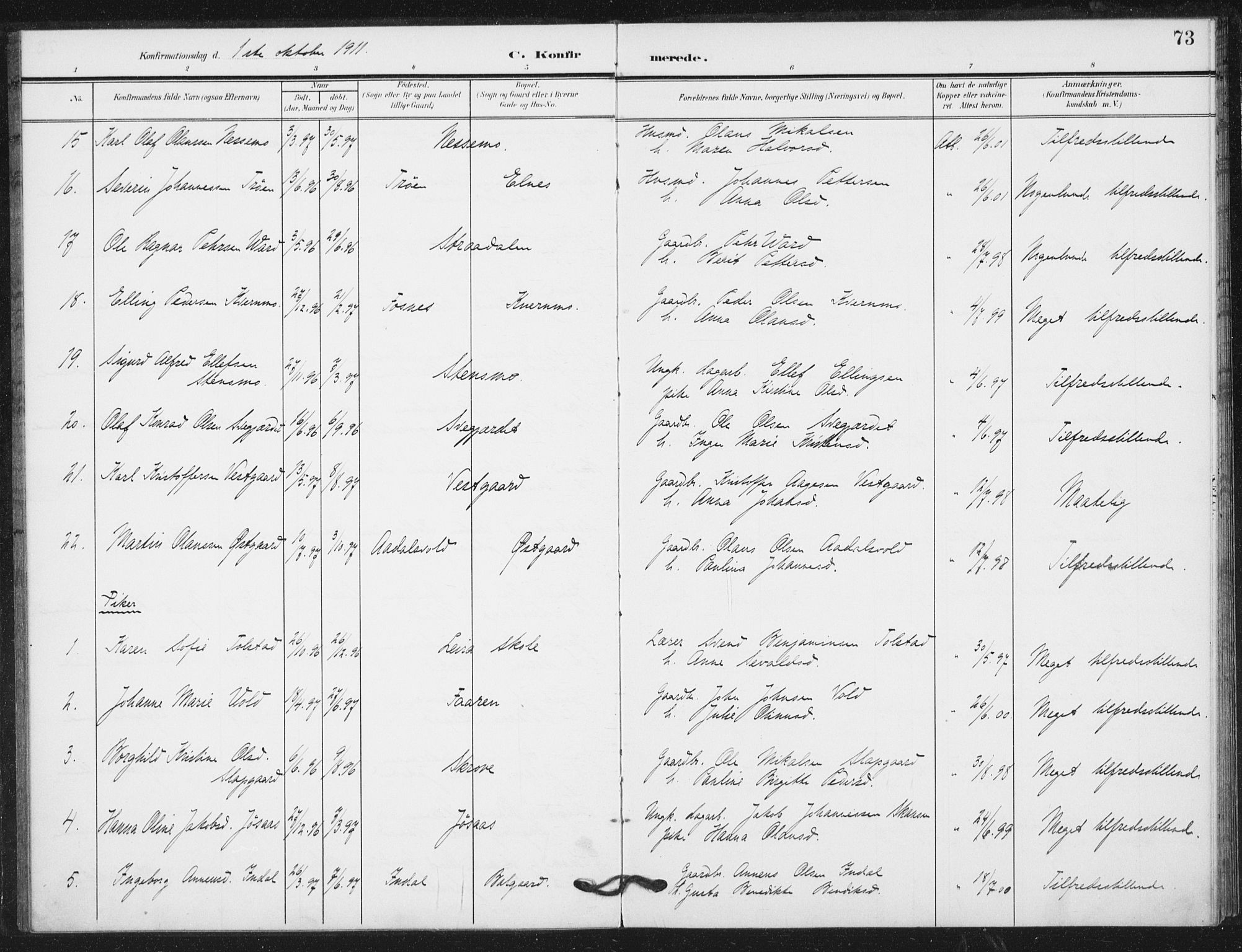 Ministerialprotokoller, klokkerbøker og fødselsregistre - Nord-Trøndelag, AV/SAT-A-1458/724/L0264: Parish register (official) no. 724A02, 1908-1915, p. 73