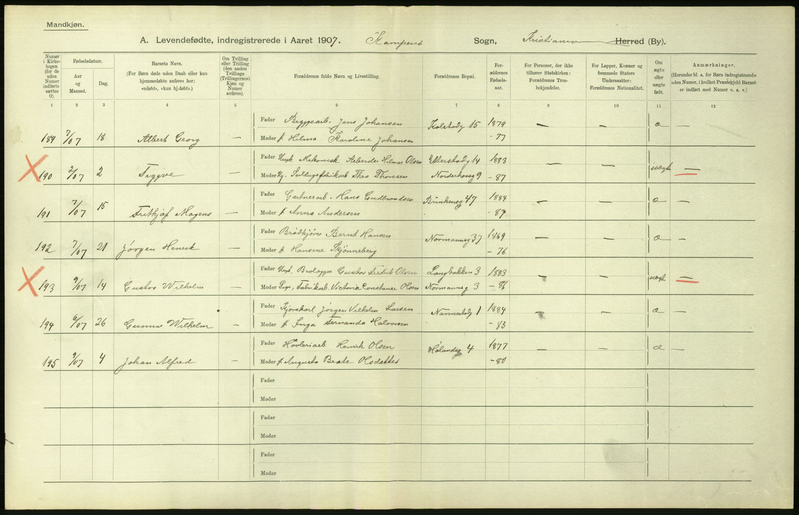 Statistisk sentralbyrå, Sosiodemografiske emner, Befolkning, AV/RA-S-2228/D/Df/Dfa/Dfae/L0007: Kristiania: Levendefødte menn og kvinner., 1907, p. 440