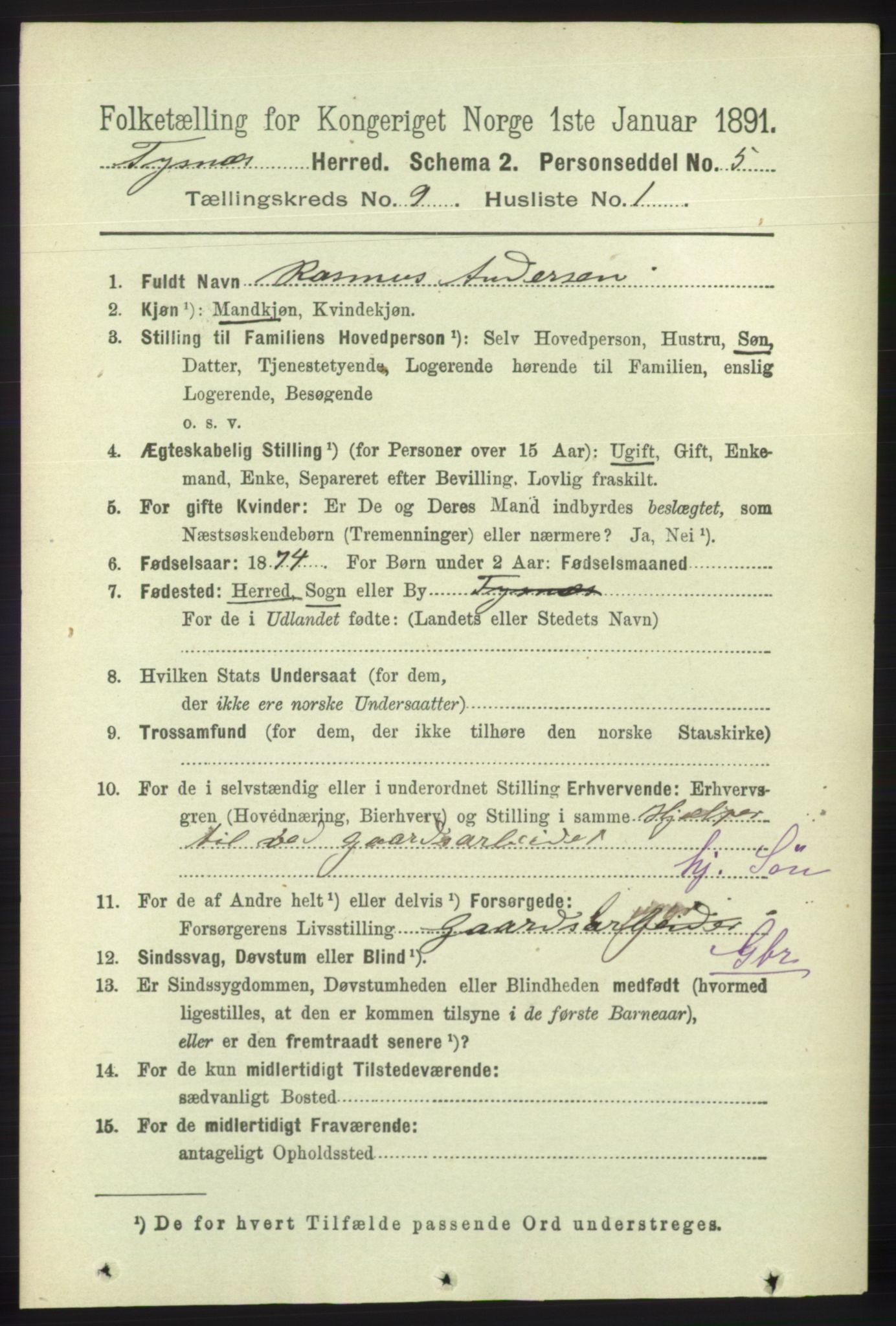 RA, 1891 census for 1223 Tysnes, 1891, p. 4244