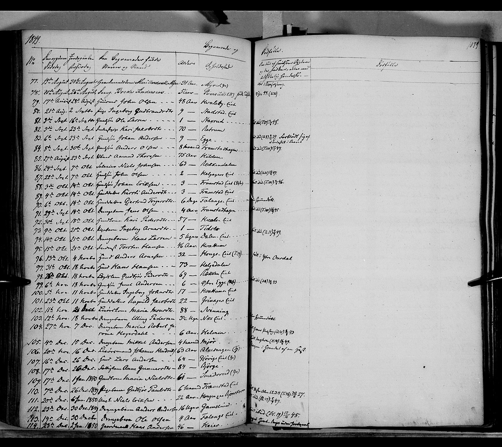 Gran prestekontor, SAH/PREST-112/H/Ha/Haa/L0011: Parish register (official) no. 11, 1842-1856, p. 1078-1079